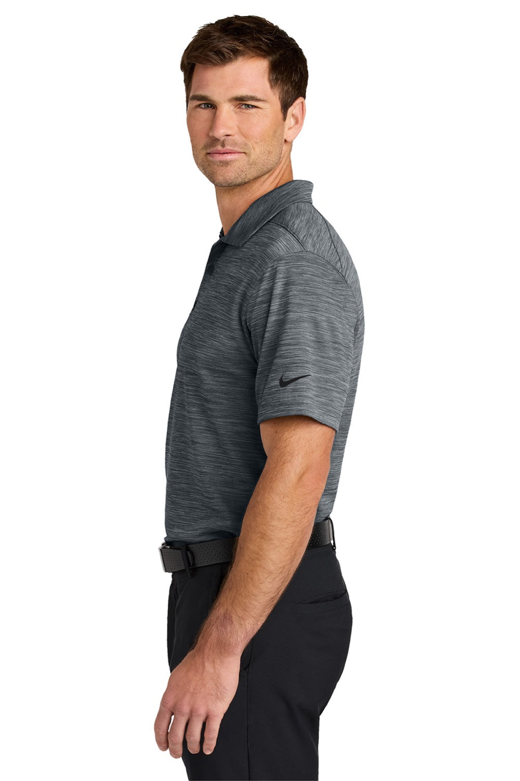 Nike NKFQ4792 Mens Dri-Fit Moisture Wicking Striated Short Sleeve Polo Shirt Dark Grey Model Side