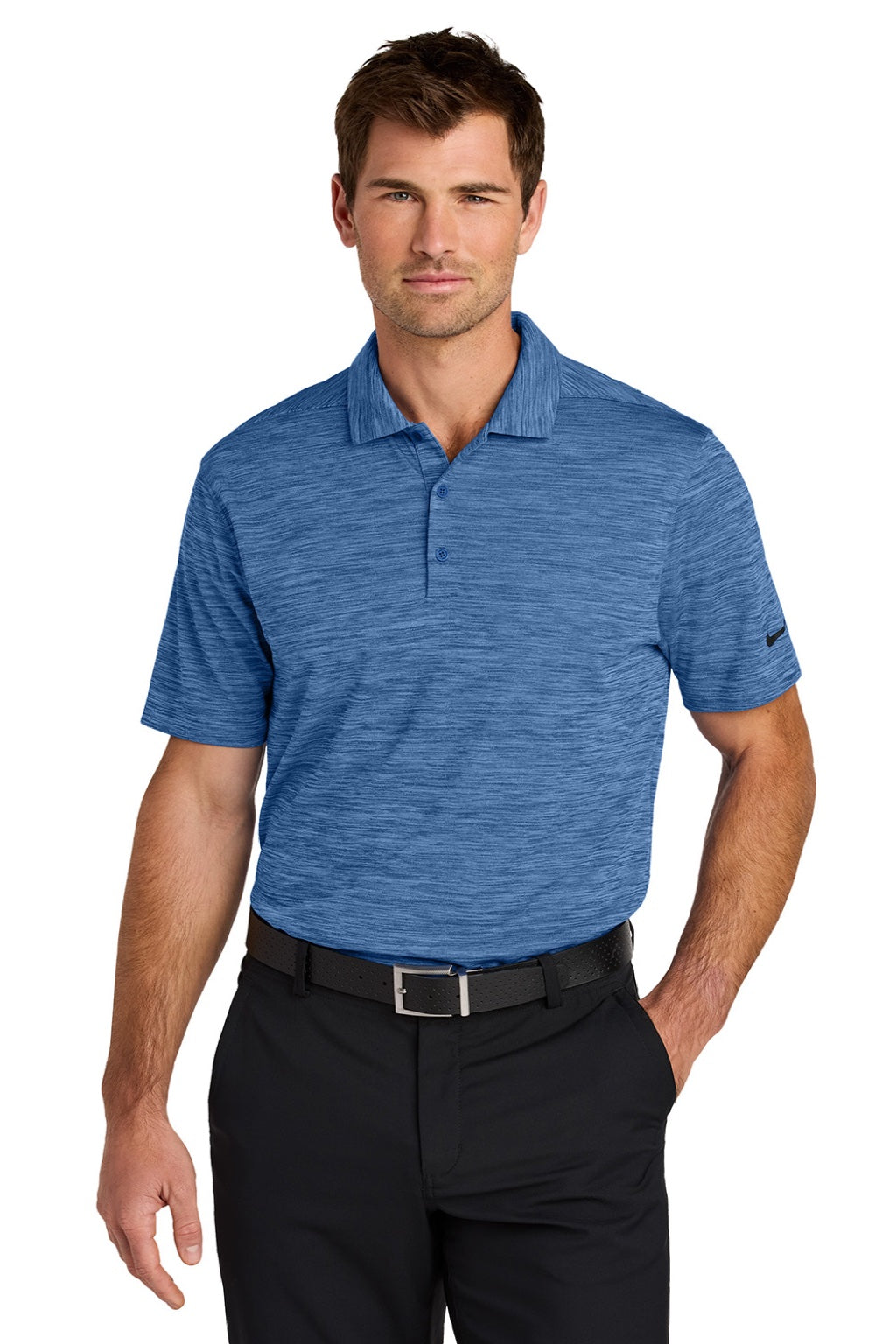 Nike NKFQ4792 Mens Dri-Fit Moisture Wicking Striated Short Sleeve Polo Shirt Game Royal Blue Model Front