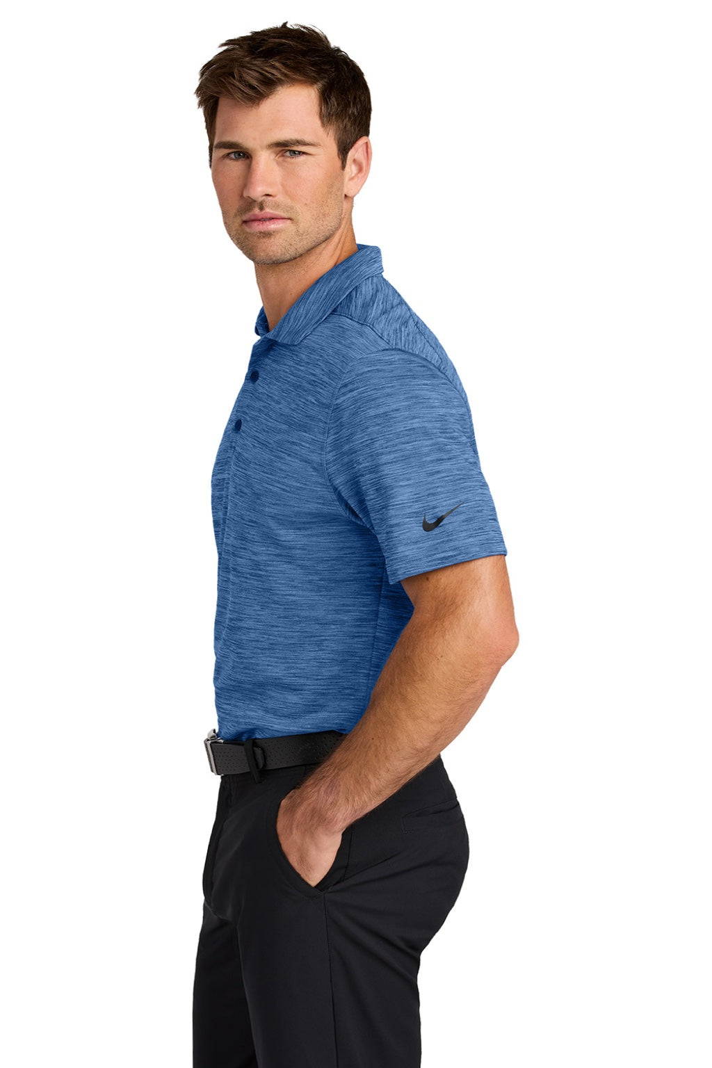 Nike NKFQ4792 Mens Dri-Fit Moisture Wicking Striated Short Sleeve Polo Shirt Game Royal Blue Model Side
