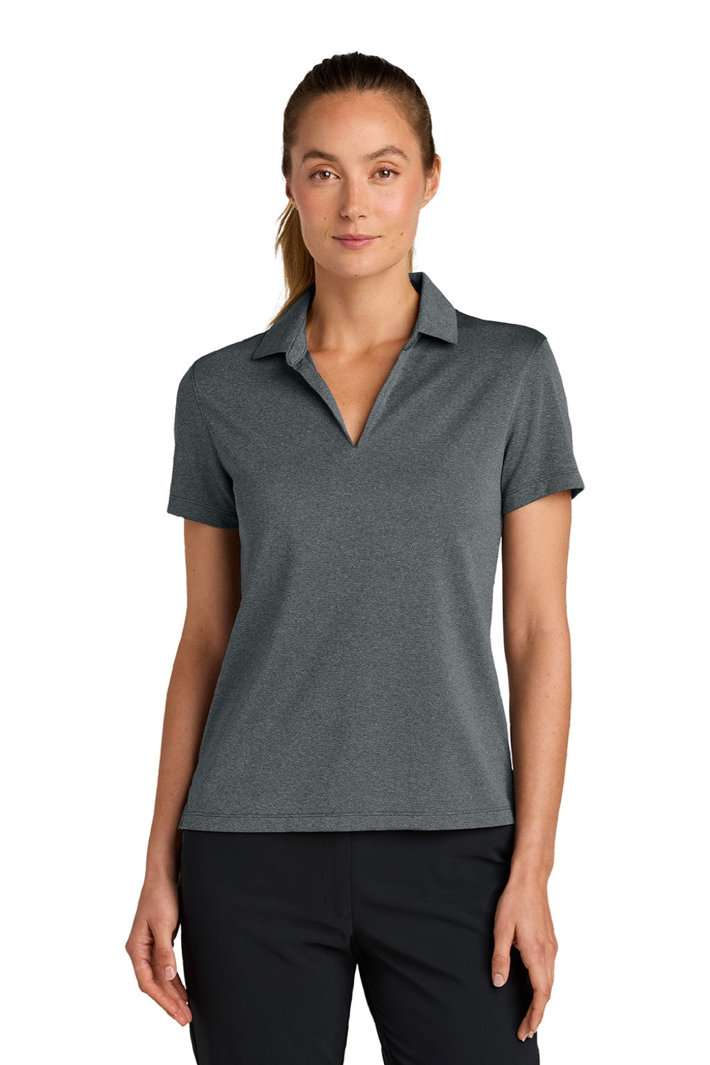 Nike NKFQ4793 Womens Dri-Fit Moisture Wicking Smooth Heather Short Sleeve Polo Shirt Heather Anthracite Grey Model Front