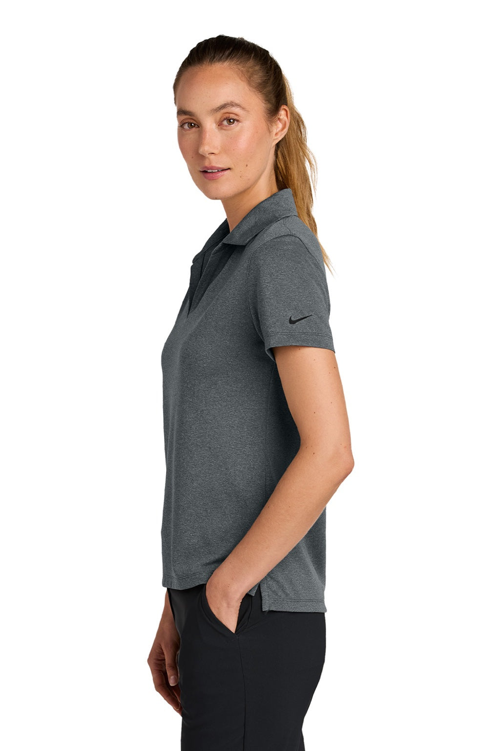 Nike NKFQ4793 Womens Dri-Fit Moisture Wicking Smooth Heather Short Sleeve Polo Shirt Heather Anthracite Grey Model Side