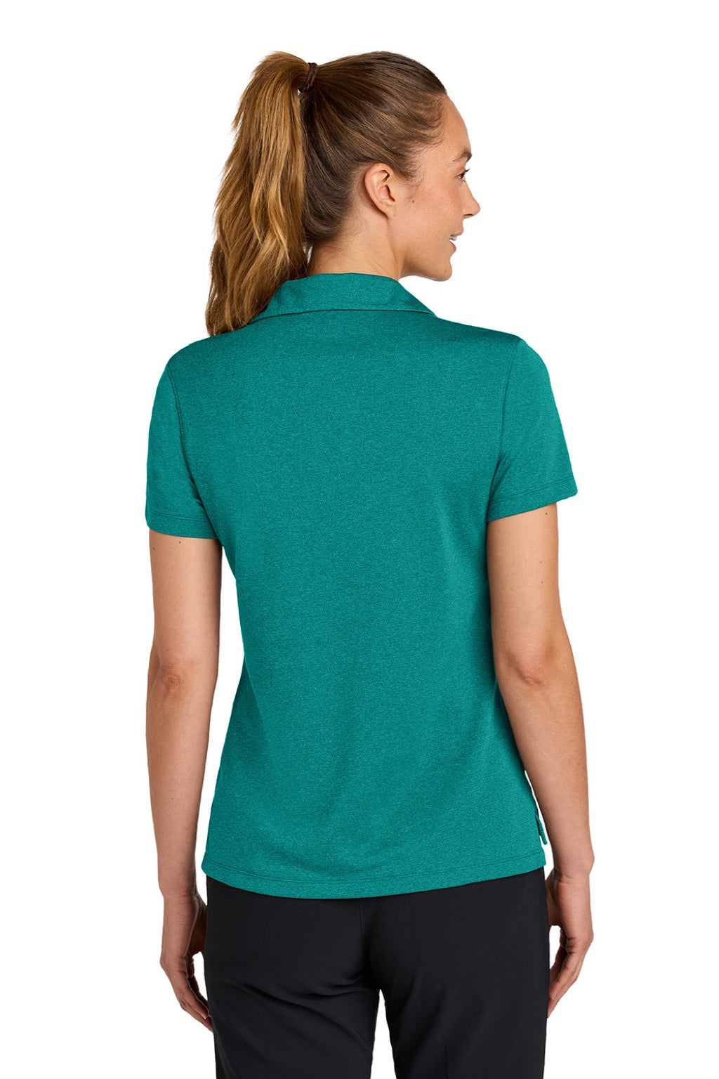Nike NKFQ4793 Womens Dri-Fit Moisture Wicking Smooth Heather Short Sleeve Polo Shirt Heather Bright Spruce Green Model Back