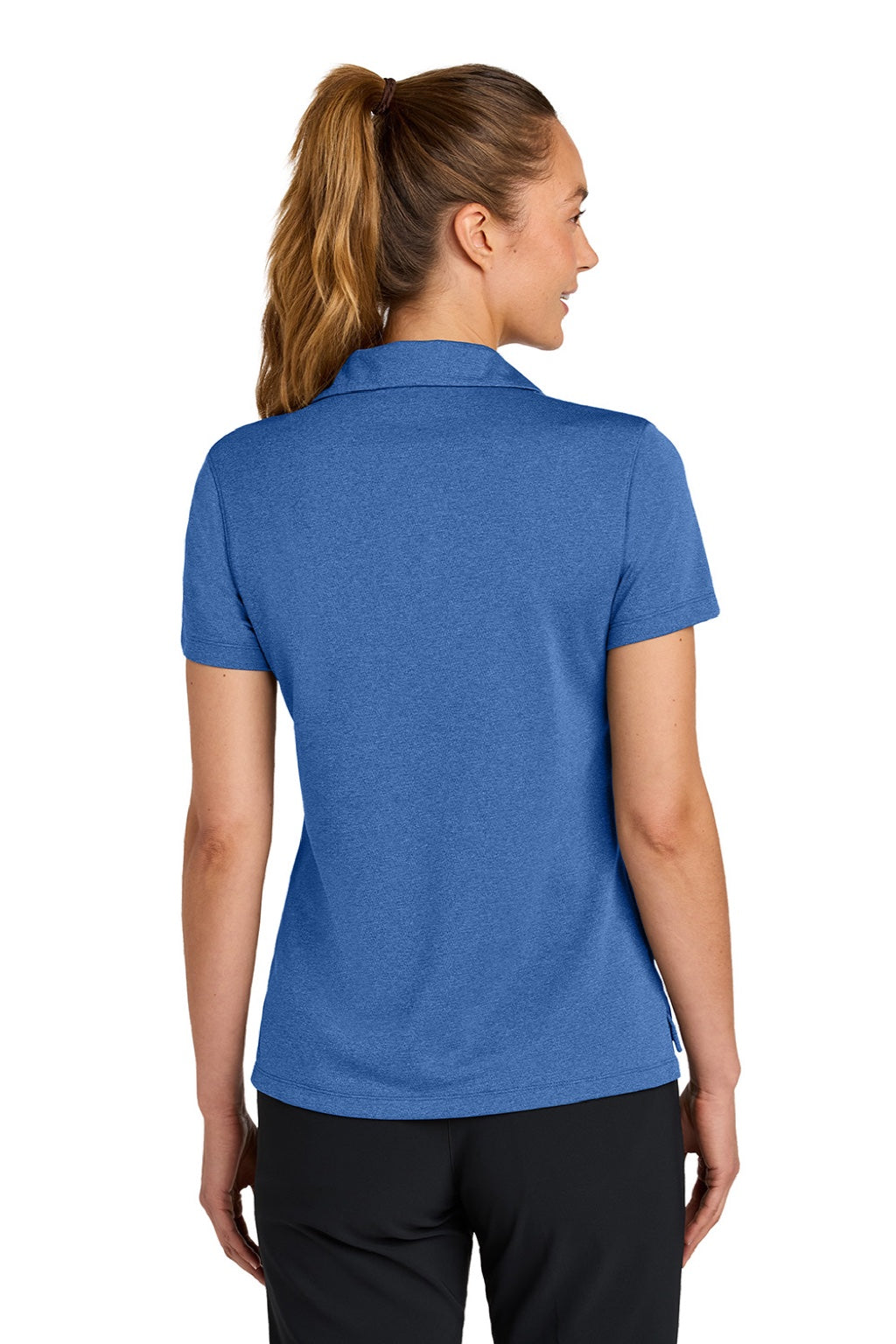 Nike NKFQ4793 Womens Dri-Fit Moisture Wicking Smooth Heather Short Sleeve Polo Shirt Heather Game Royal Blue Model Back