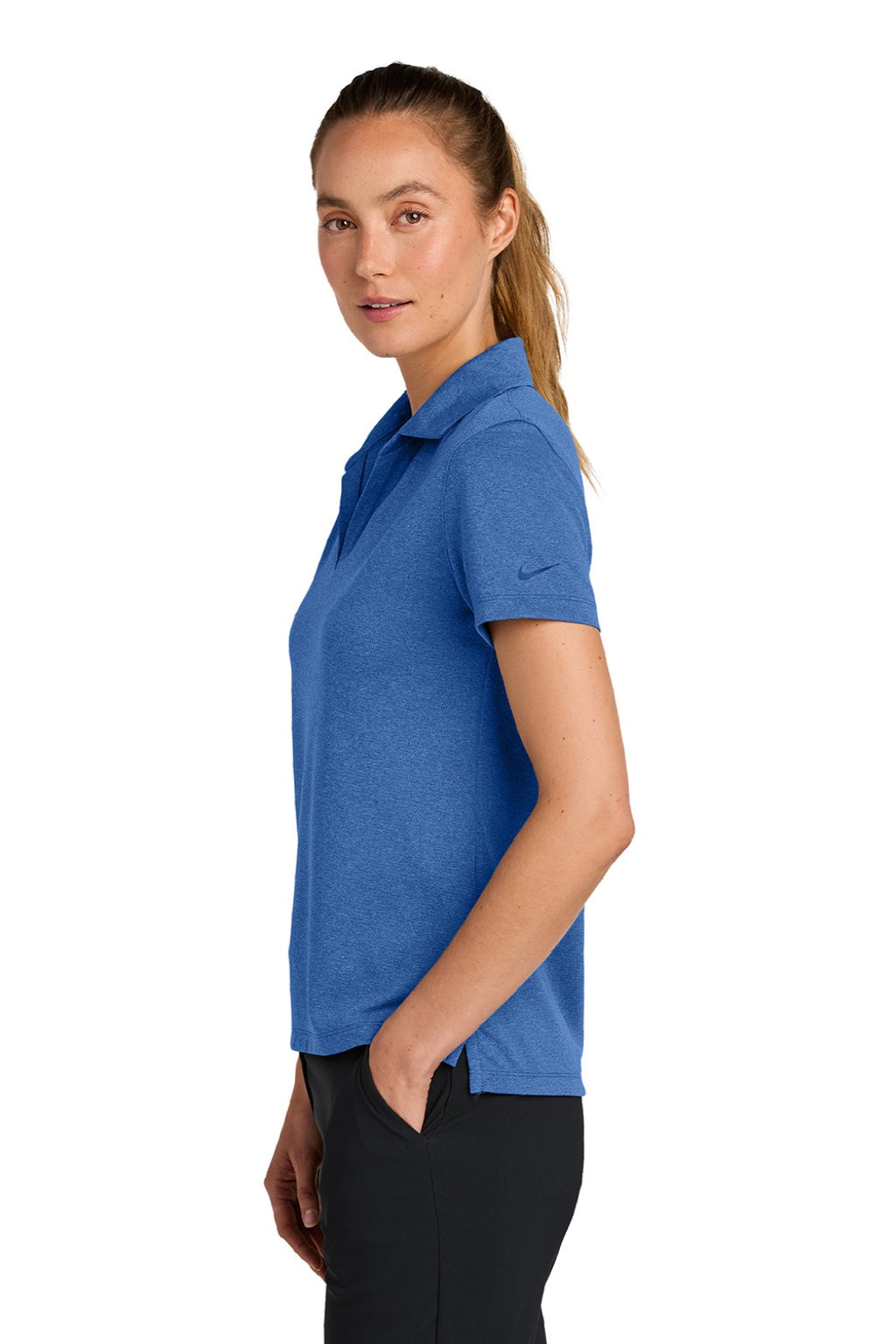 Nike NKFQ4793 Womens Dri-Fit Moisture Wicking Smooth Heather Short Sleeve Polo Shirt Heather Game Royal Blue Model Side