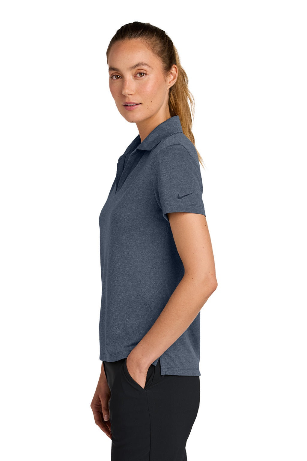 Nike NKFQ4793 Womens Dri-Fit Moisture Wicking Smooth Heather Short Sleeve Polo Shirt Heather Navy Blue Model Side