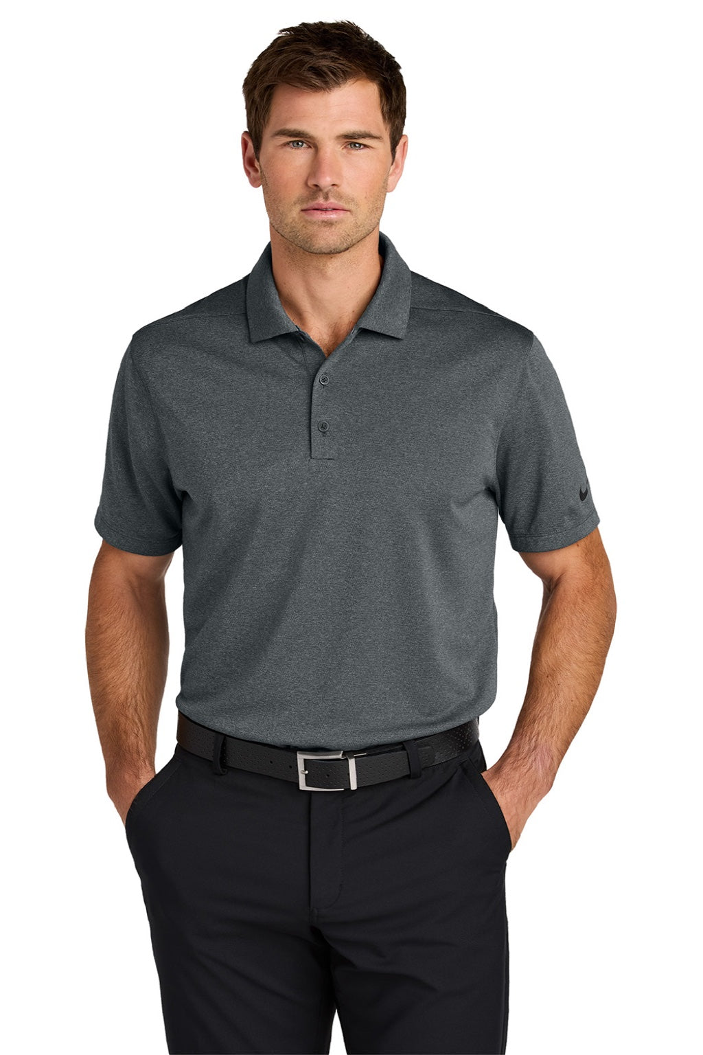 Nike NKFQ4794 Mens Dri-Fit Moisture Wicking Smooth Heather Short Sleeve Polo Shirt Heather Anthracite Grey Model Front