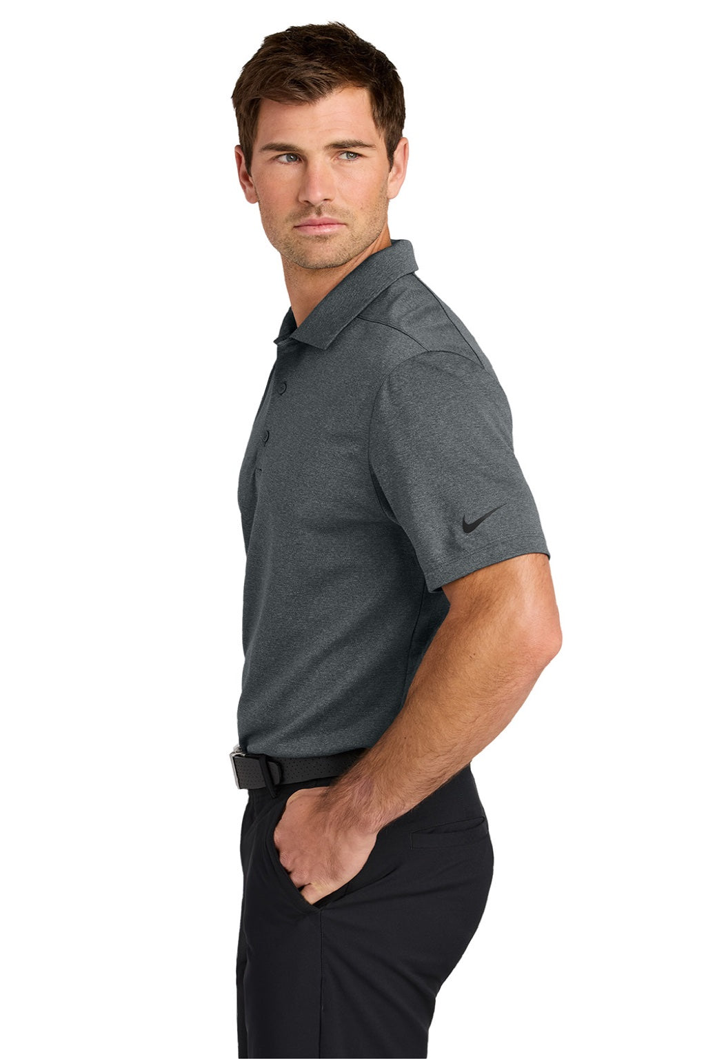 Nike NKFQ4794 Mens Dri-Fit Moisture Wicking Smooth Heather Short Sleeve Polo Shirt Heather Anthracite Grey Model Side