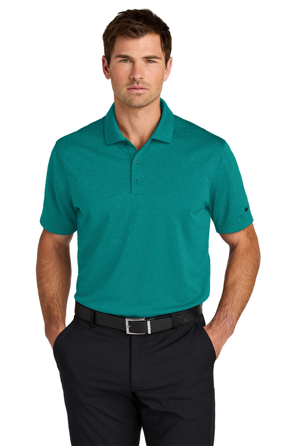 Nike NKFQ4794 Mens Dri-Fit Moisture Wicking Smooth Heather Short Sleeve Polo Shirt Heather Bright Spruce Green Model Front