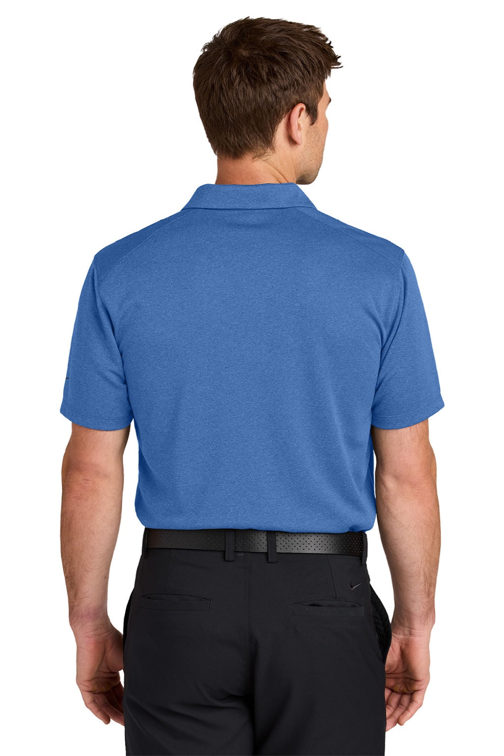 Nike NKFQ4794 Mens Dri-Fit Moisture Wicking Smooth Heather Short Sleeve Polo Shirt Heather Game Royal Blue Model Back