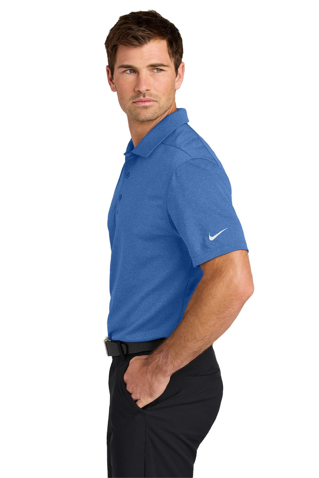 Nike NKFQ4794 Mens Dri-Fit Moisture Wicking Smooth Heather Short Sleeve Polo Shirt Heather Game Royal Blue Model Side