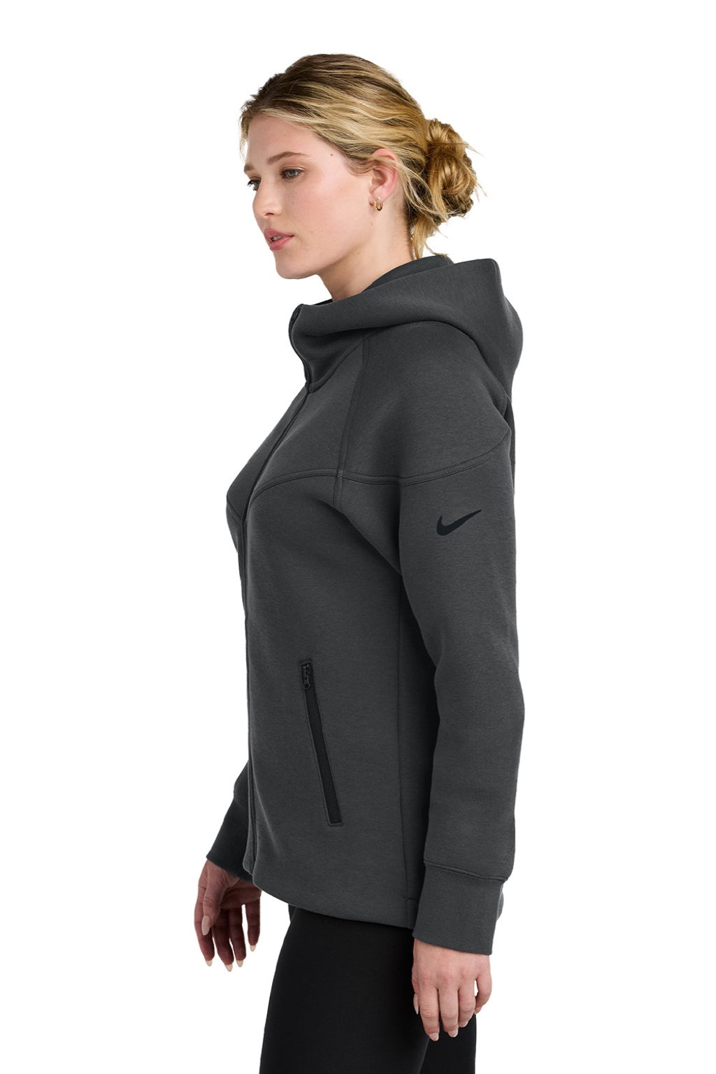 Nike NKFQ4798 Womens Tech Fleece Full Zip Hooded Sweatshirt Hoodie w/ Pockets Heather Anthracite Grey Model Side
