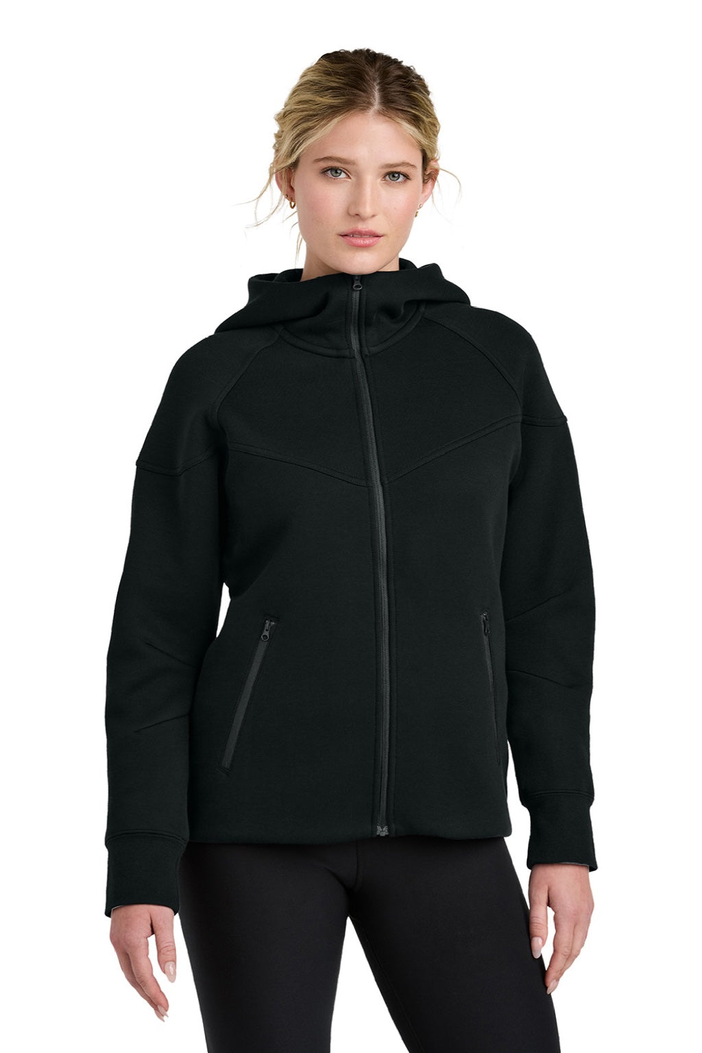 Nike NKFQ4798 Womens Tech Fleece Full Zip Hooded Sweatshirt Hoodie w/ Pockets Black Model Front