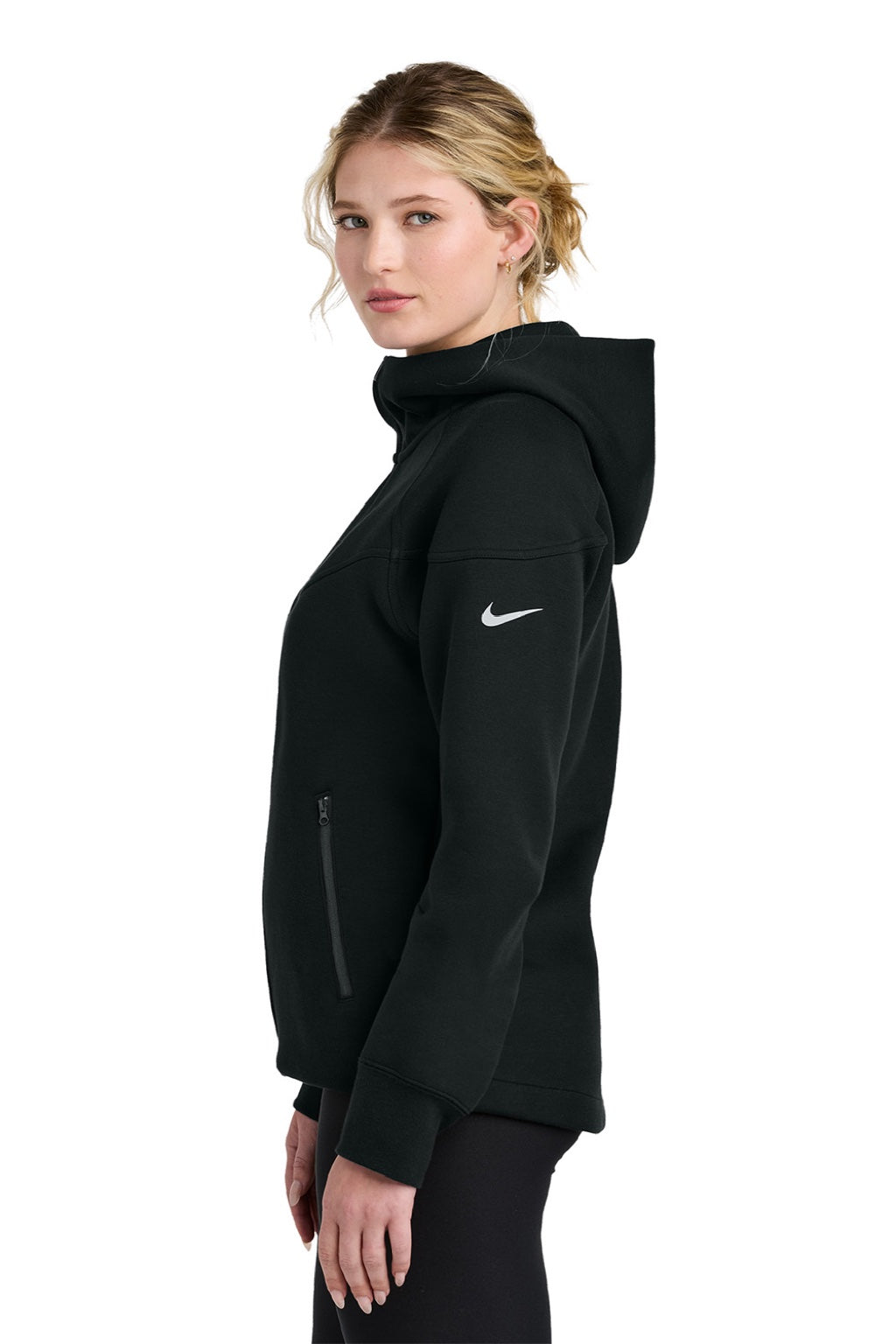 Nike NKFQ4798 Womens Tech Fleece Full Zip Hooded Sweatshirt Hoodie w/ Pockets Black Model Side
