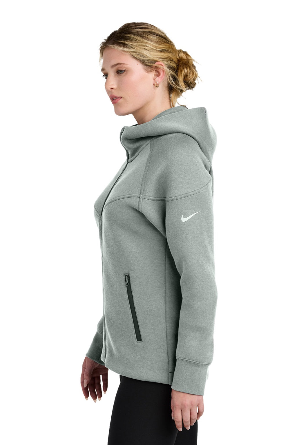 Nike NKFQ4798 Womens Tech Fleece Full Zip Hooded Sweatshirt Hoodie w/ Pockets Heather Dark Grey Model Side