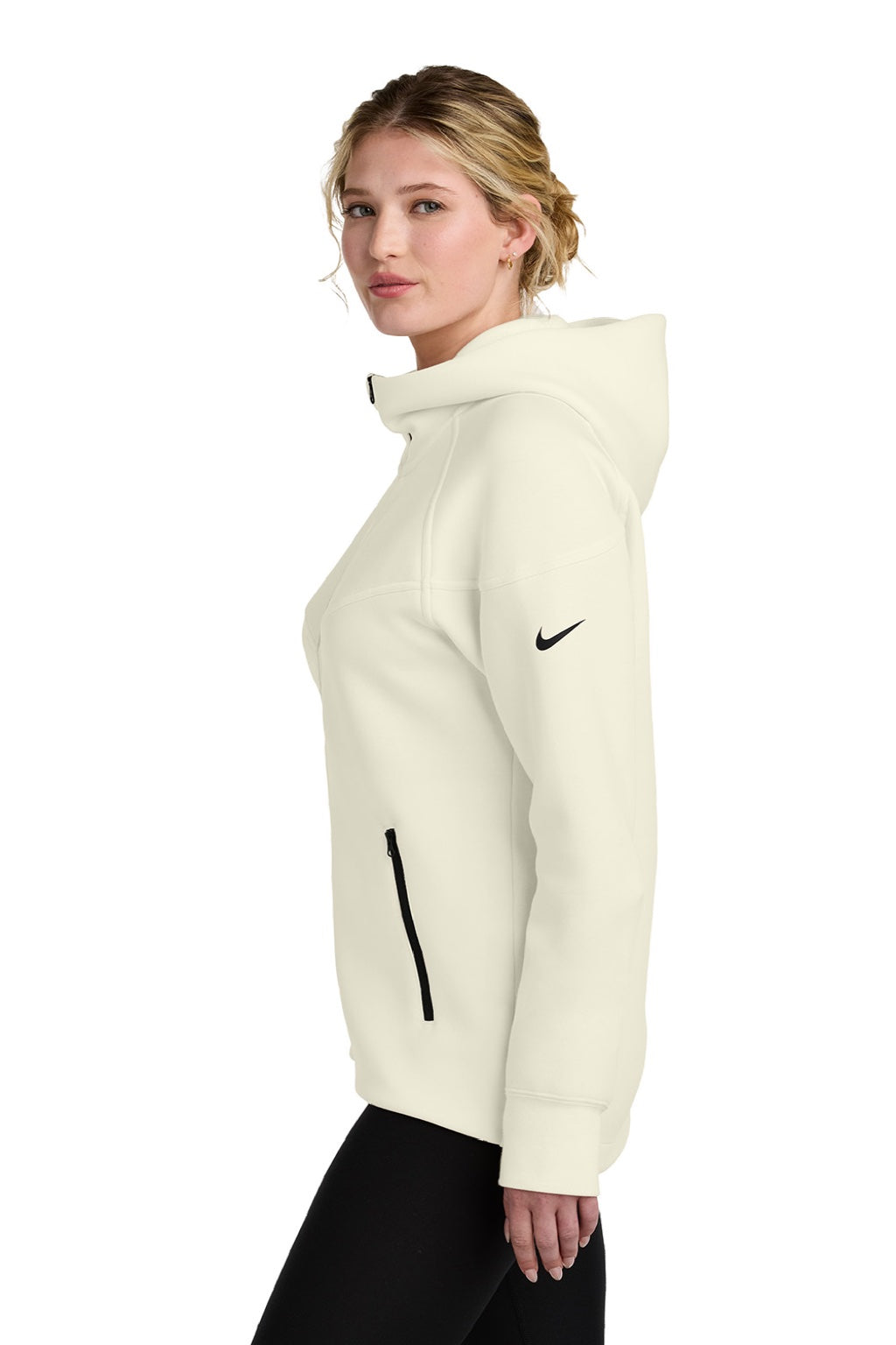 Nike NKFQ4798 Womens Tech Fleece Full Zip Hooded Sweatshirt Hoodie w/ Pockets Pale Ivory Model Side