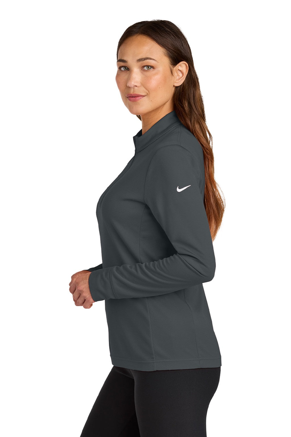 Nike NKHM7969 Womens Essential 1/4 Zip Sweatshirt Anthracite Grey Model Side