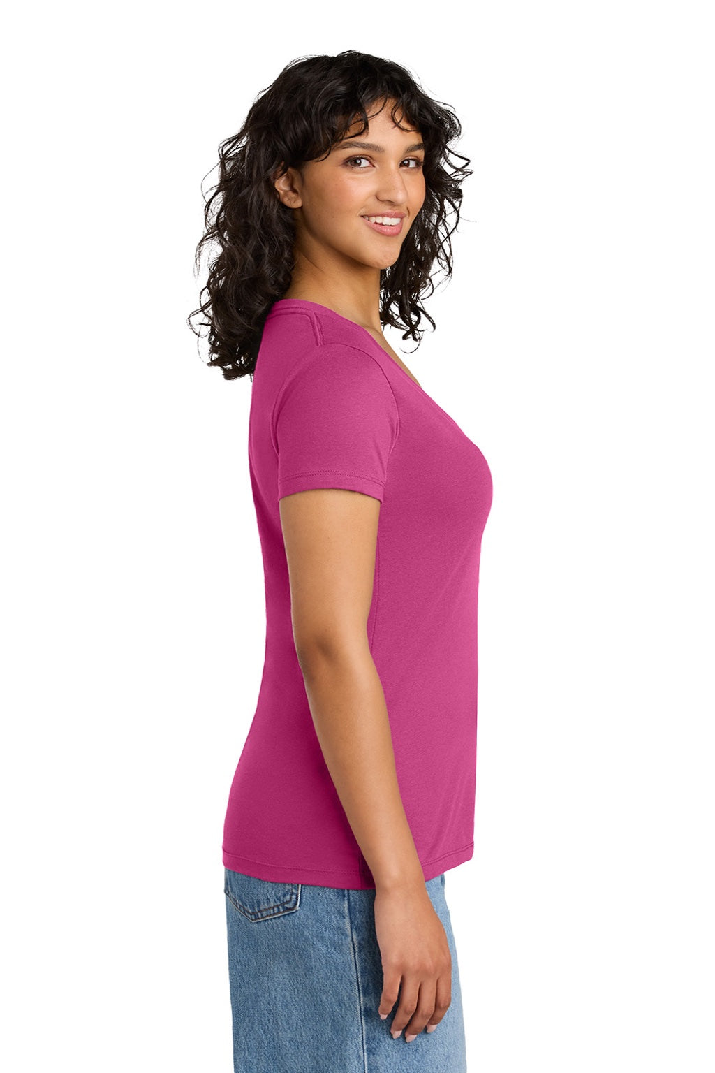 Next Level NL1540/1540 Womens Ideal Jersey Short Sleeve V-Neck T-Shirt Raspberry Pink Model Side