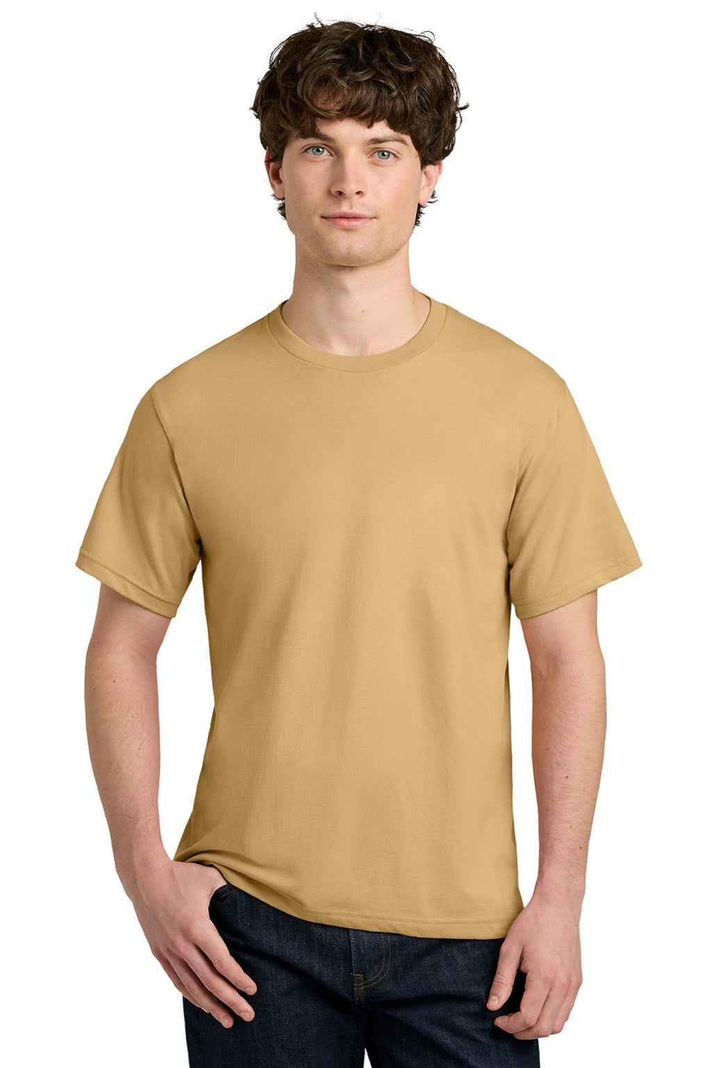 Next Level NL1810 Mens Ideal Jersey Short Sleeve Crewneck T-Shirt Camel Brown Model Front