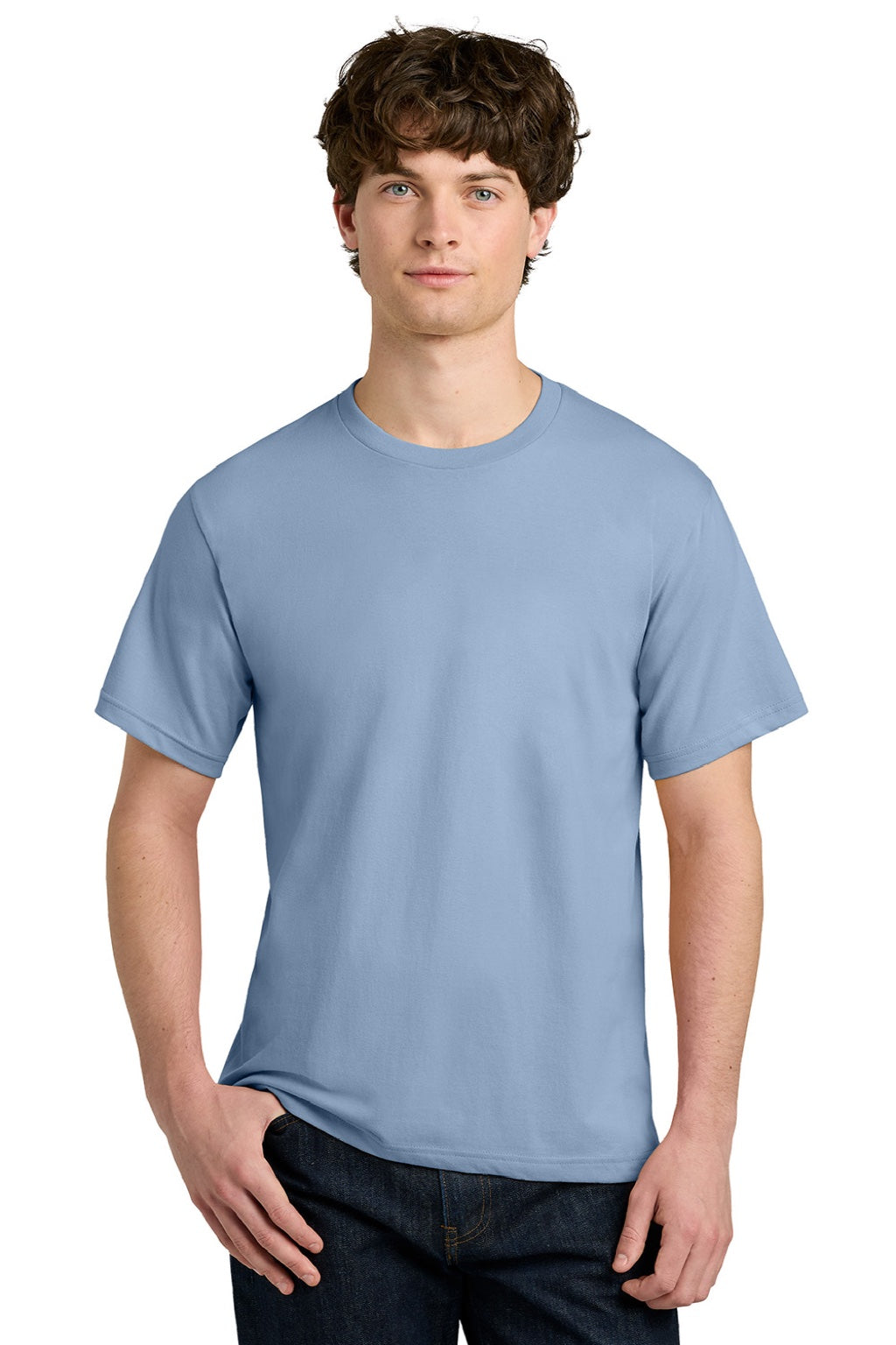 Next Level NL1810 Mens Ideal Jersey Short Sleeve Crewneck T-Shirt Stonewash Denim Blue Model Front