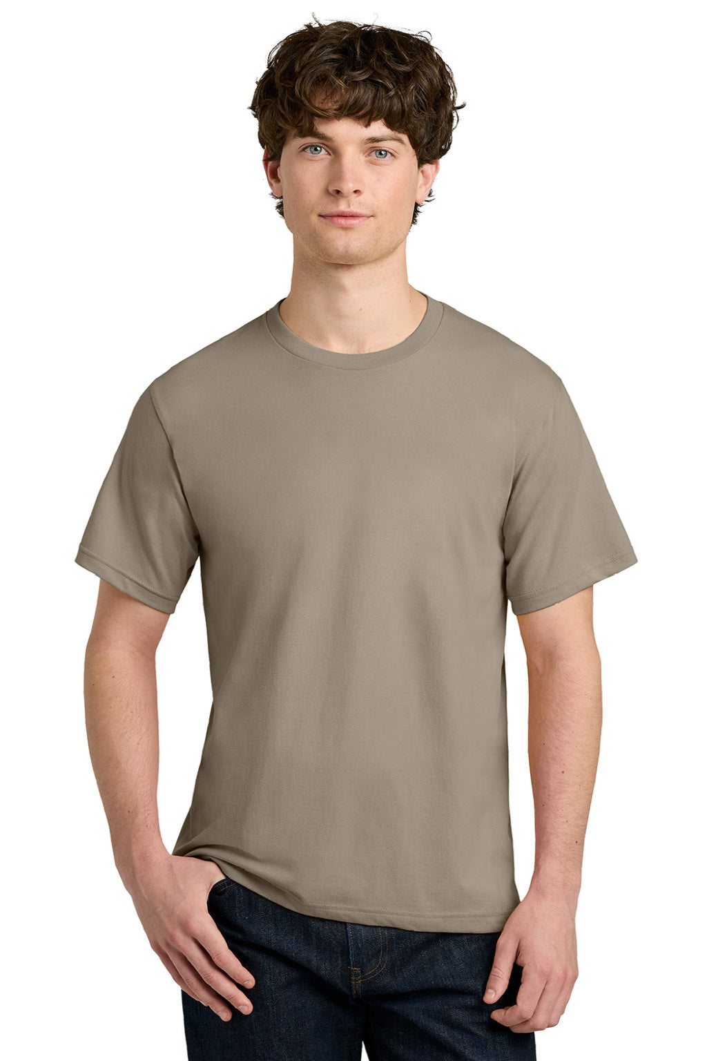 Next Level NL1810 Mens Ideal Jersey Short Sleeve Crewneck T-Shirt Tan Model Front