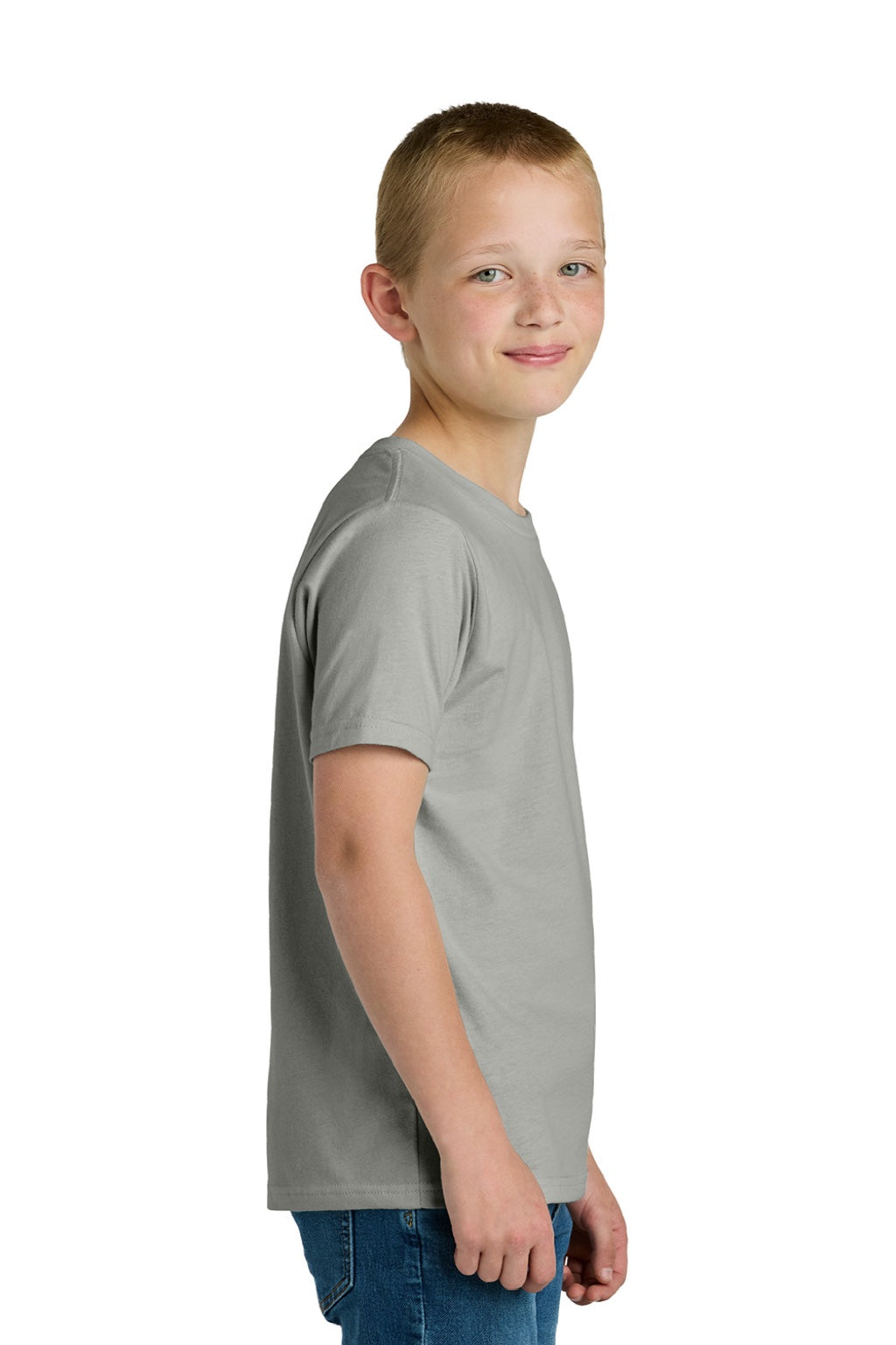 Next Level 3310 Youth Fine Jersey Short Sleeve Crewneck T-Shirt Light Grey Model Side