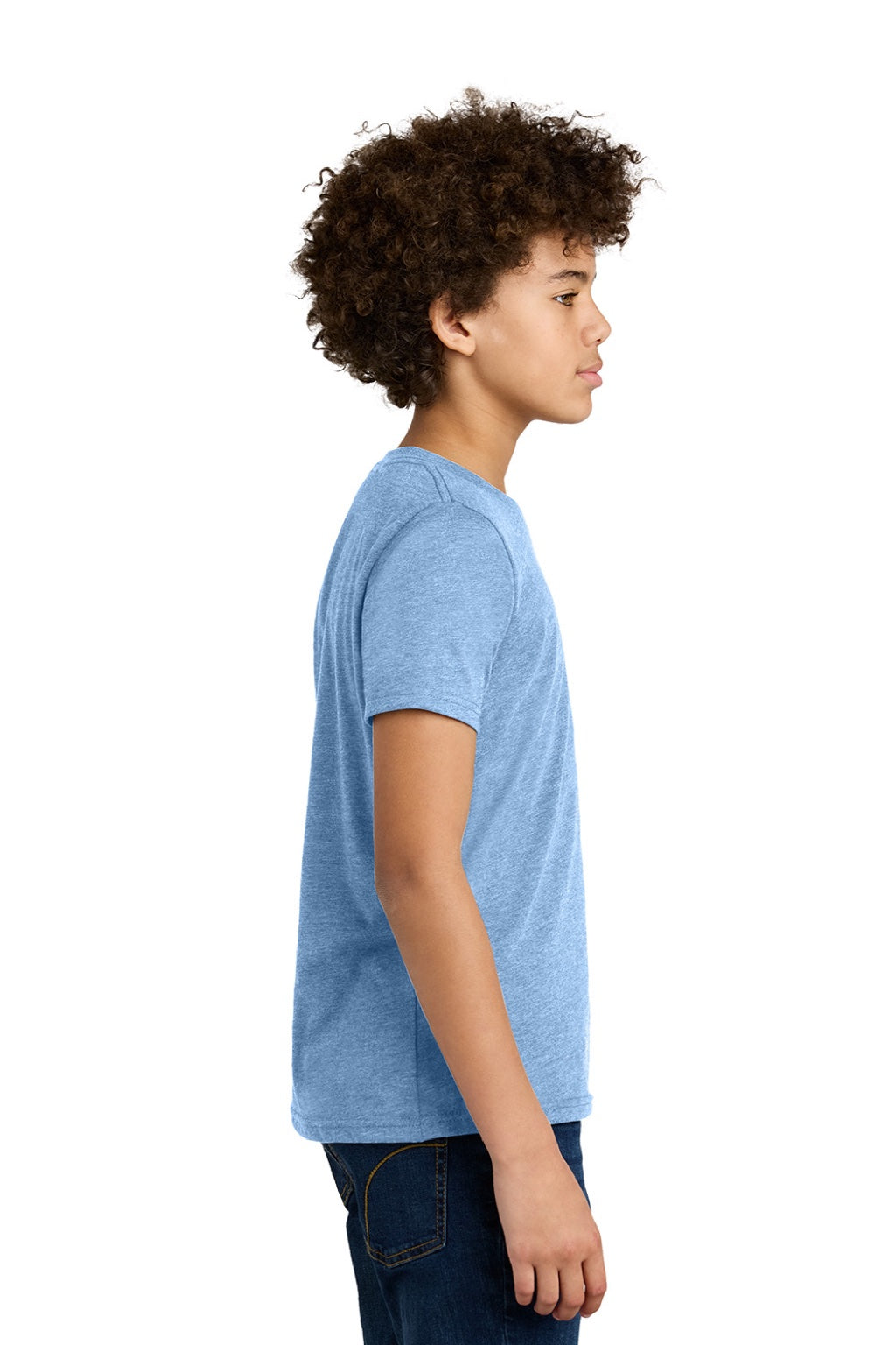 Next Level 3312 Youth CVC Jersey Short Sleeve Crewneck T-Shirt Heather Columbia Blue Model Side