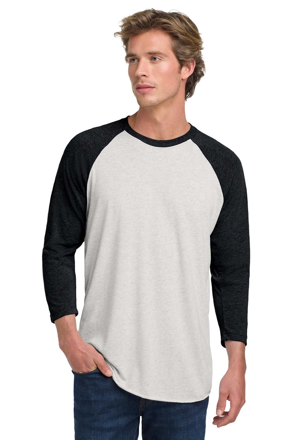 Next Level NL6051/6051 Mens Jersey 3/4 Sleeve Crewneck T-Shirt Vintage White/Black Model Front