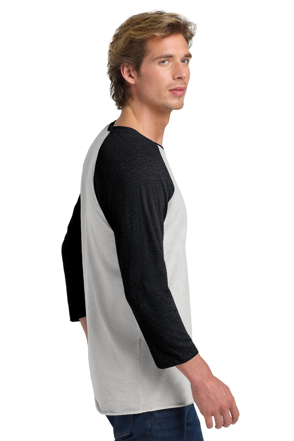 Next Level NL6051/6051 Mens Jersey 3/4 Sleeve Crewneck T-Shirt Vintage White/Black Model Side