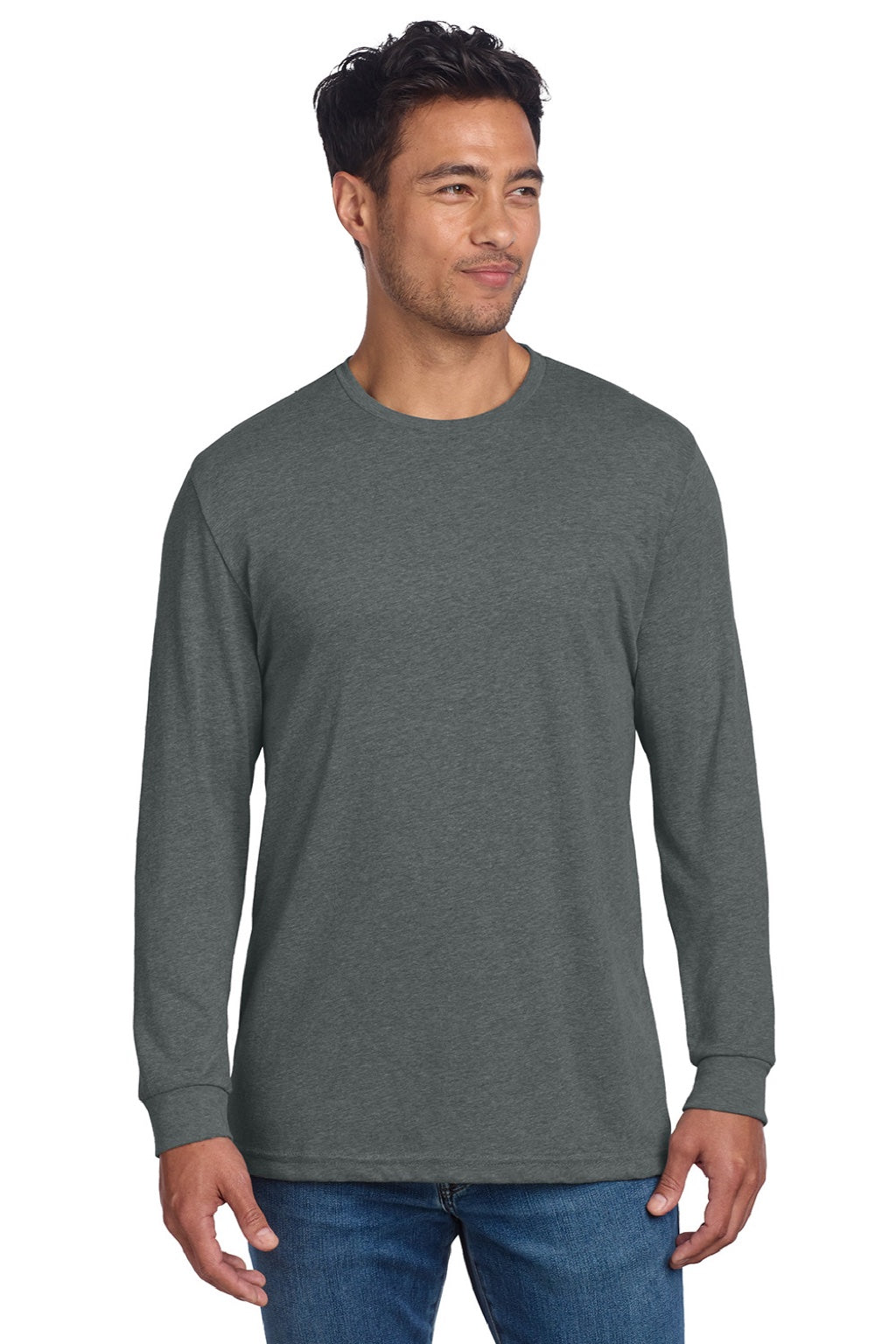 Next Level NL6211 Mens CVC Long Sleeve Crewneck T-Shirt Heather Heavy Metal Grey Model Front
