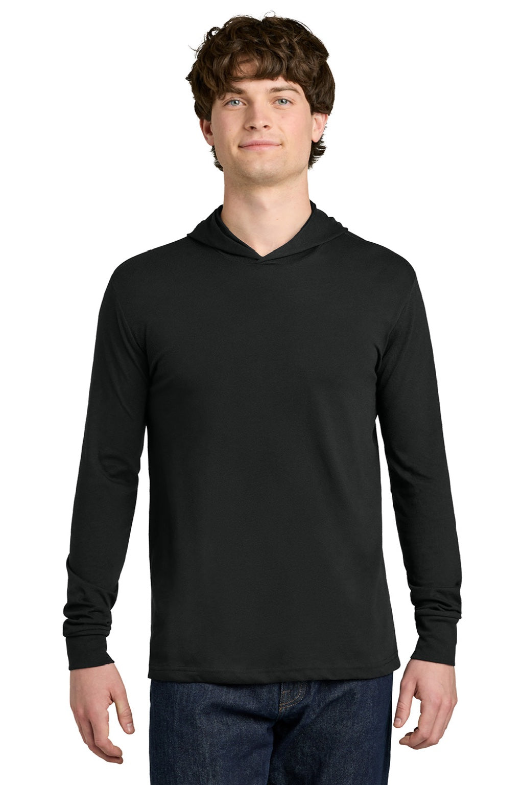Next Level NL6221 Mens CVC Long Sleeve Hooded T-Shirt Hoodie Black Model Front