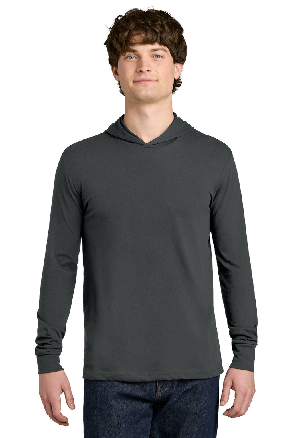 Next Level NL6221 Mens CVC Long Sleeve Hooded T-Shirt Hoodie Charcoal Grey Model Front