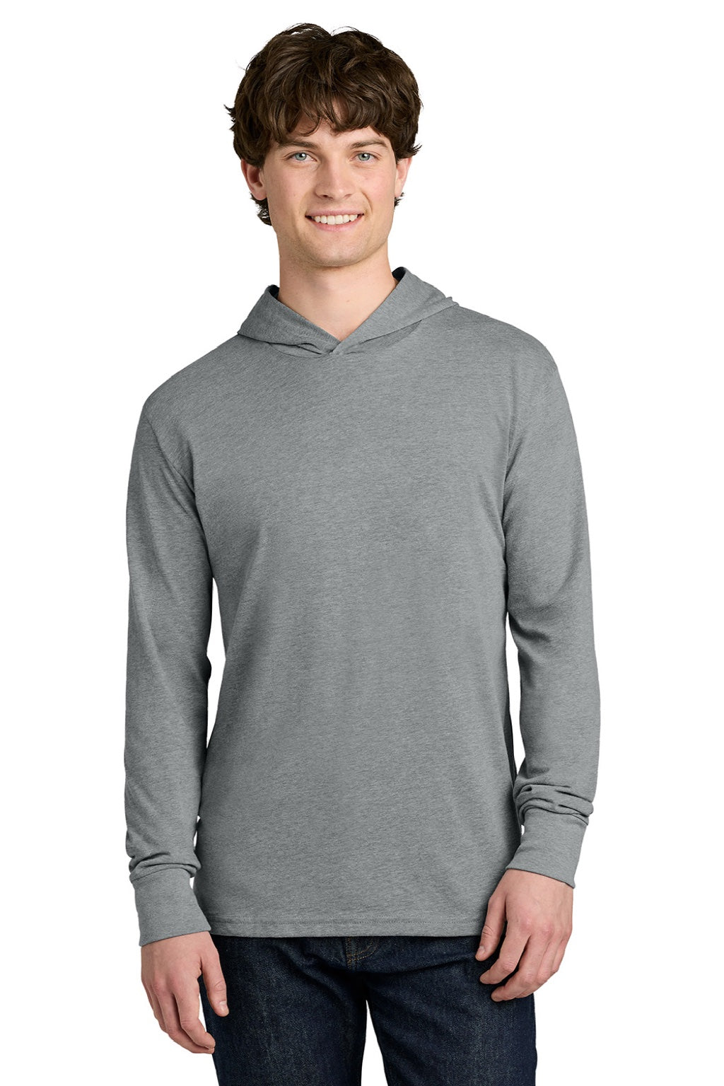 Next Level NL6221 Mens CVC Long Sleeve Hooded T-Shirt Hoodie Heather Dark Grey Model Front