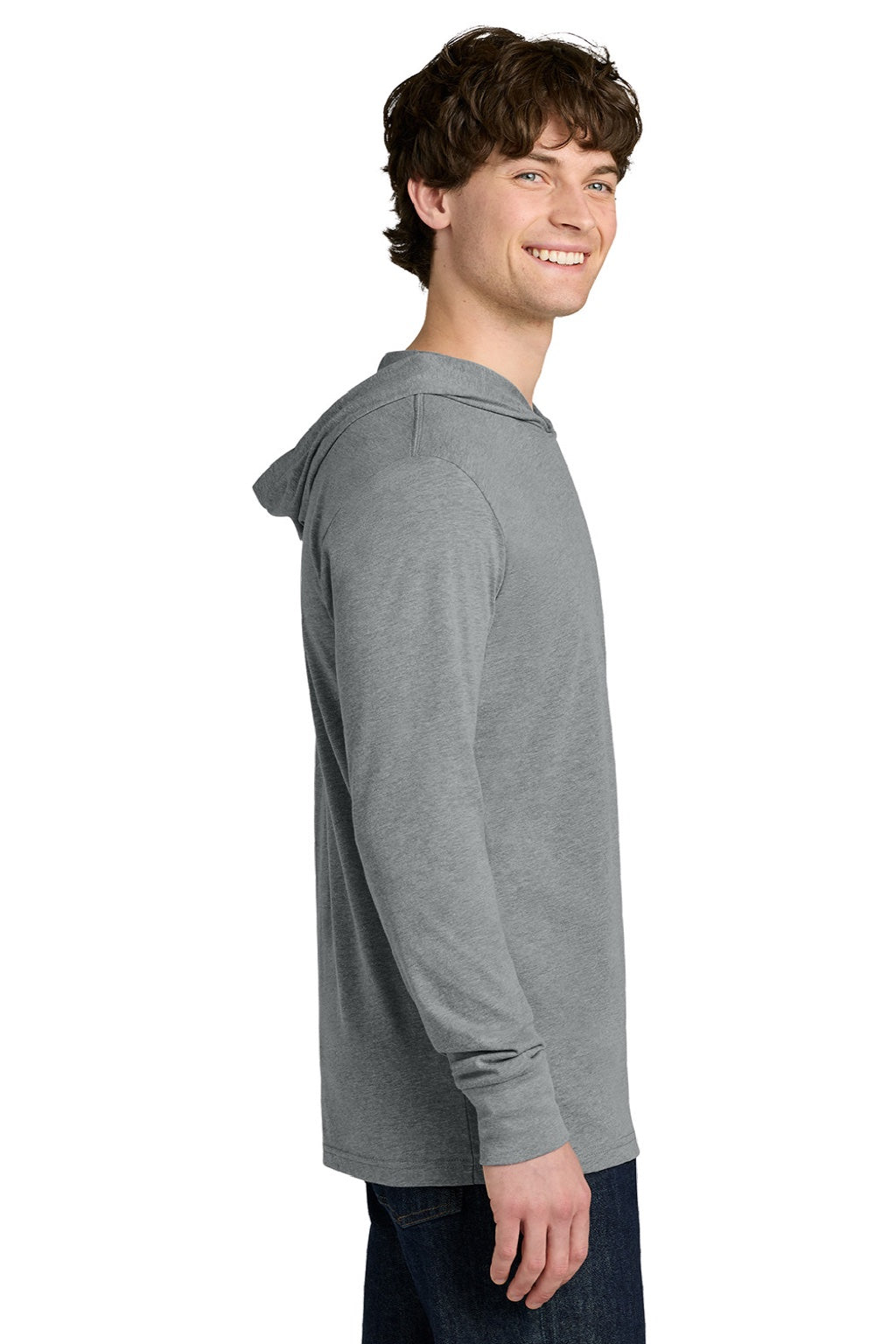 Next Level NL6221 Mens CVC Long Sleeve Hooded T-Shirt Hoodie Heather Dark Grey Model Side