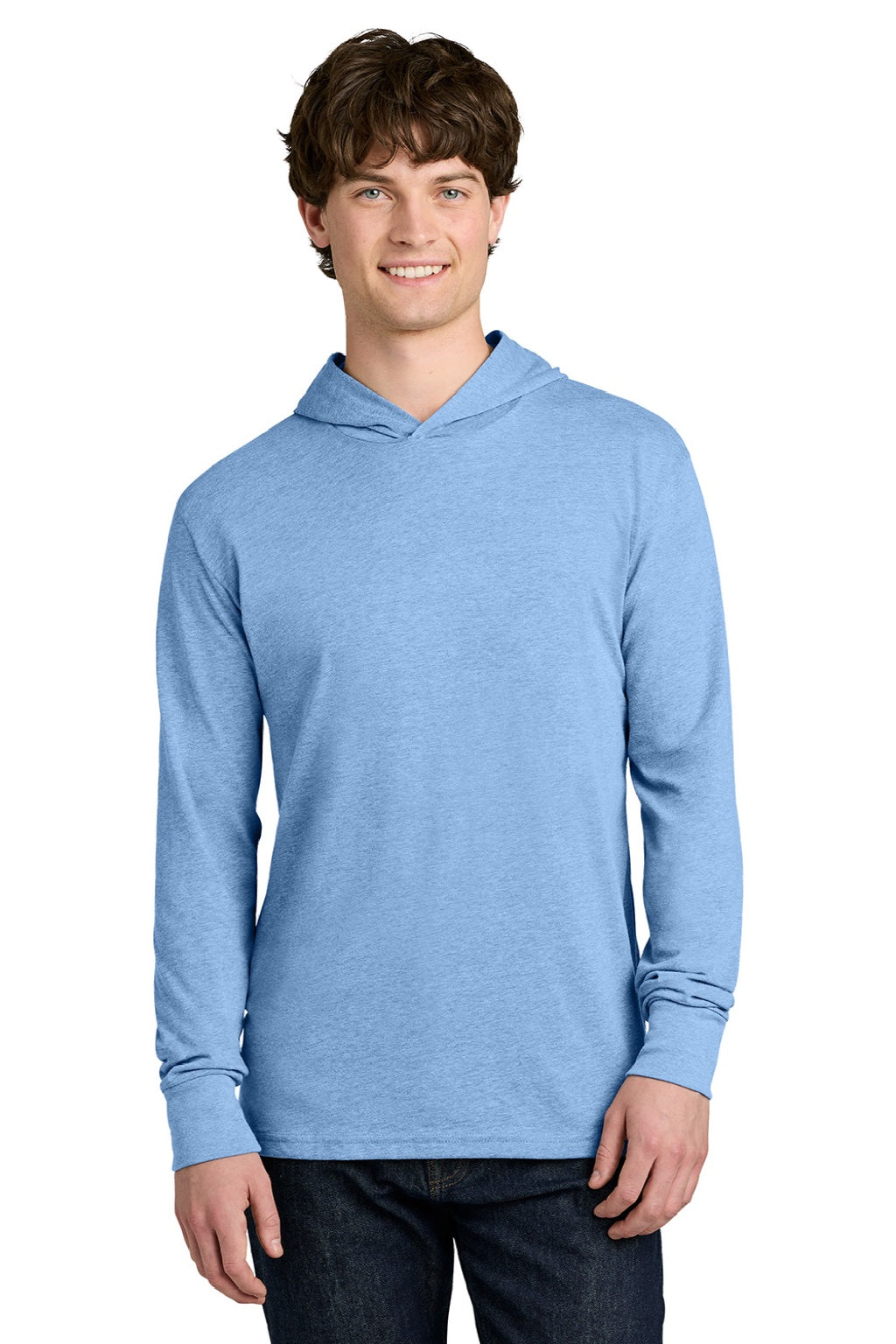 Next Level NL6221 Mens CVC Long Sleeve Hooded T-Shirt Hoodie Heather Columbia Blue Model Front