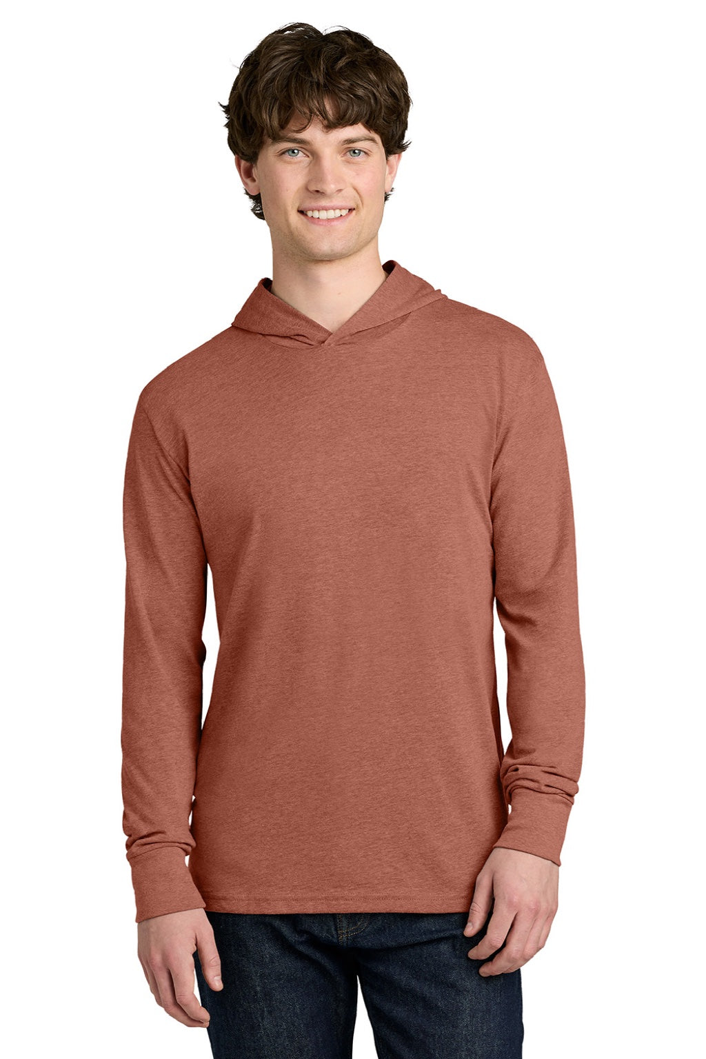Next Level NL6221 Mens CVC Long Sleeve Hooded T-Shirt Hoodie Heather Redwood Model Front
