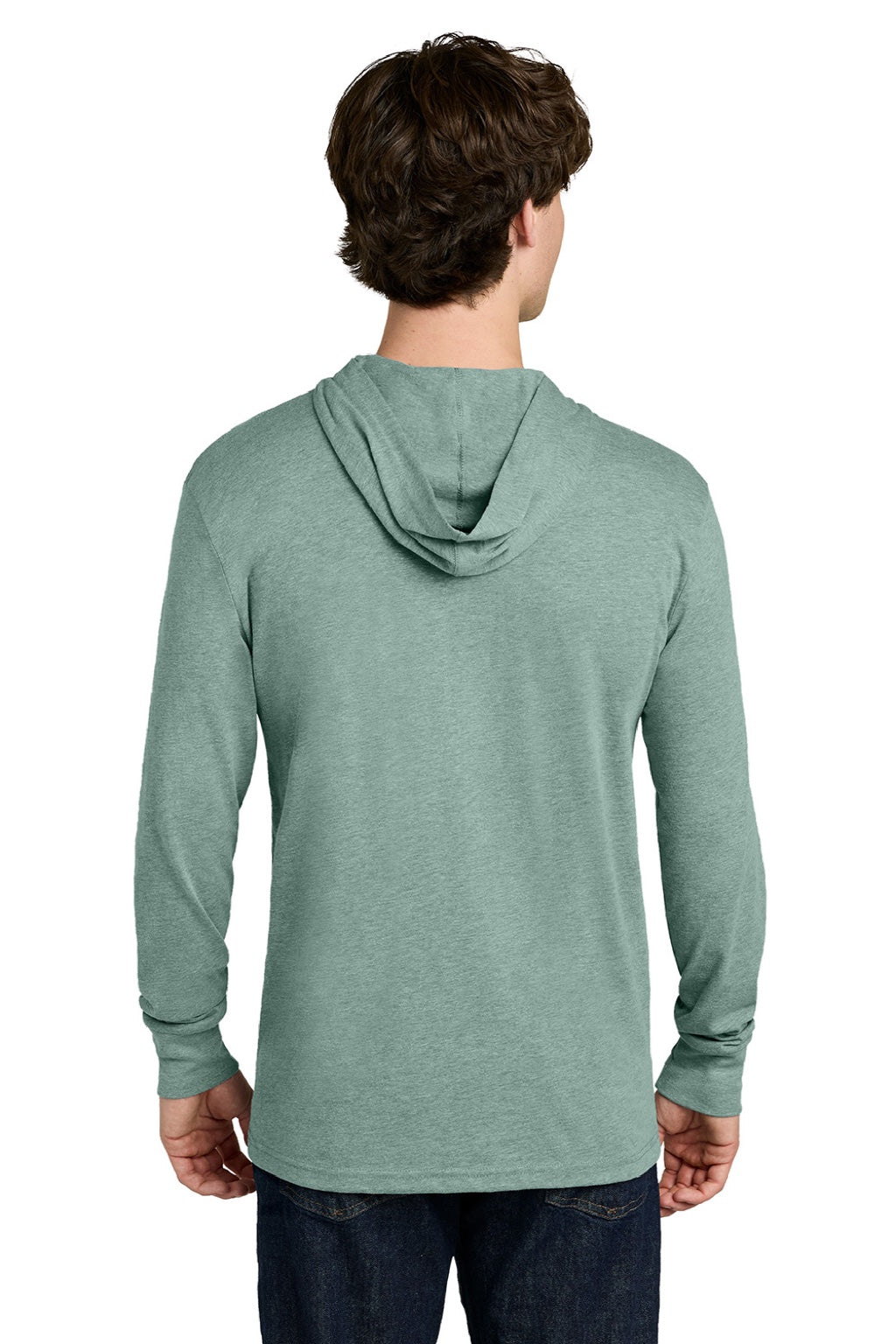 Next Level NL6221 Mens CVC Long Sleeve Hooded T-Shirt Hoodie Heather Seafoam Green Model Back