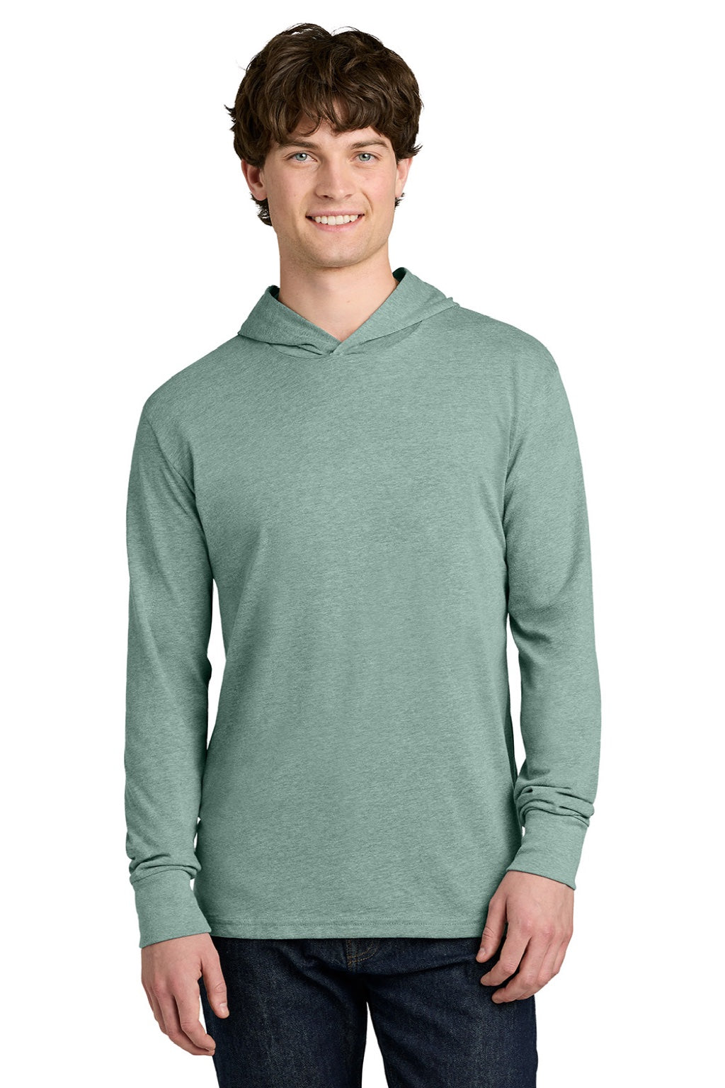 Next Level NL6221 Mens CVC Long Sleeve Hooded T-Shirt Hoodie Heather Seafoam Green Model Front
