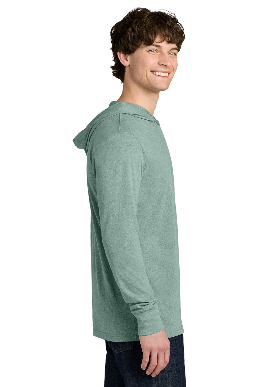 Next Level NL6221 Mens CVC Long Sleeve Hooded T-Shirt Hoodie Heather Seafoam Green Model Side