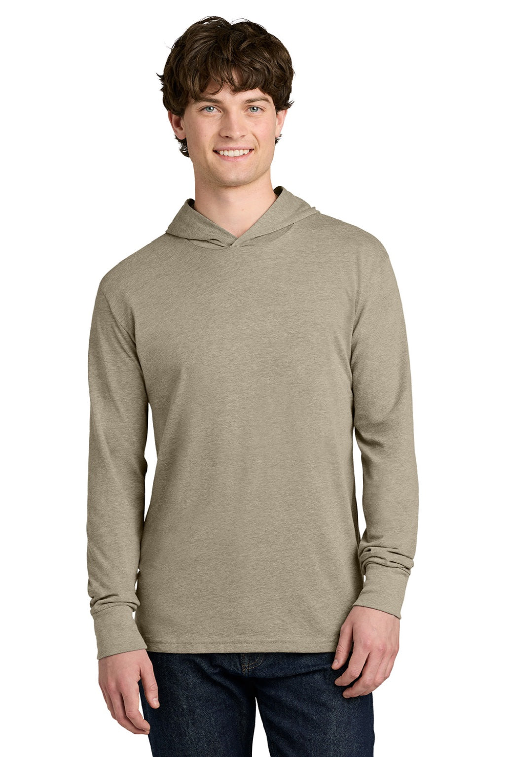 Next Level NL6221 Mens CVC Long Sleeve Hooded T-Shirt Hoodie Heather Tan Model Front