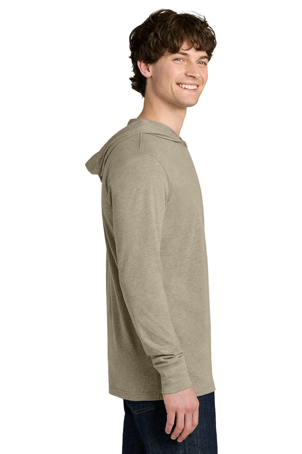 Next Level NL6221 Mens CVC Long Sleeve Hooded T-Shirt Hoodie Heather Tan Model Side