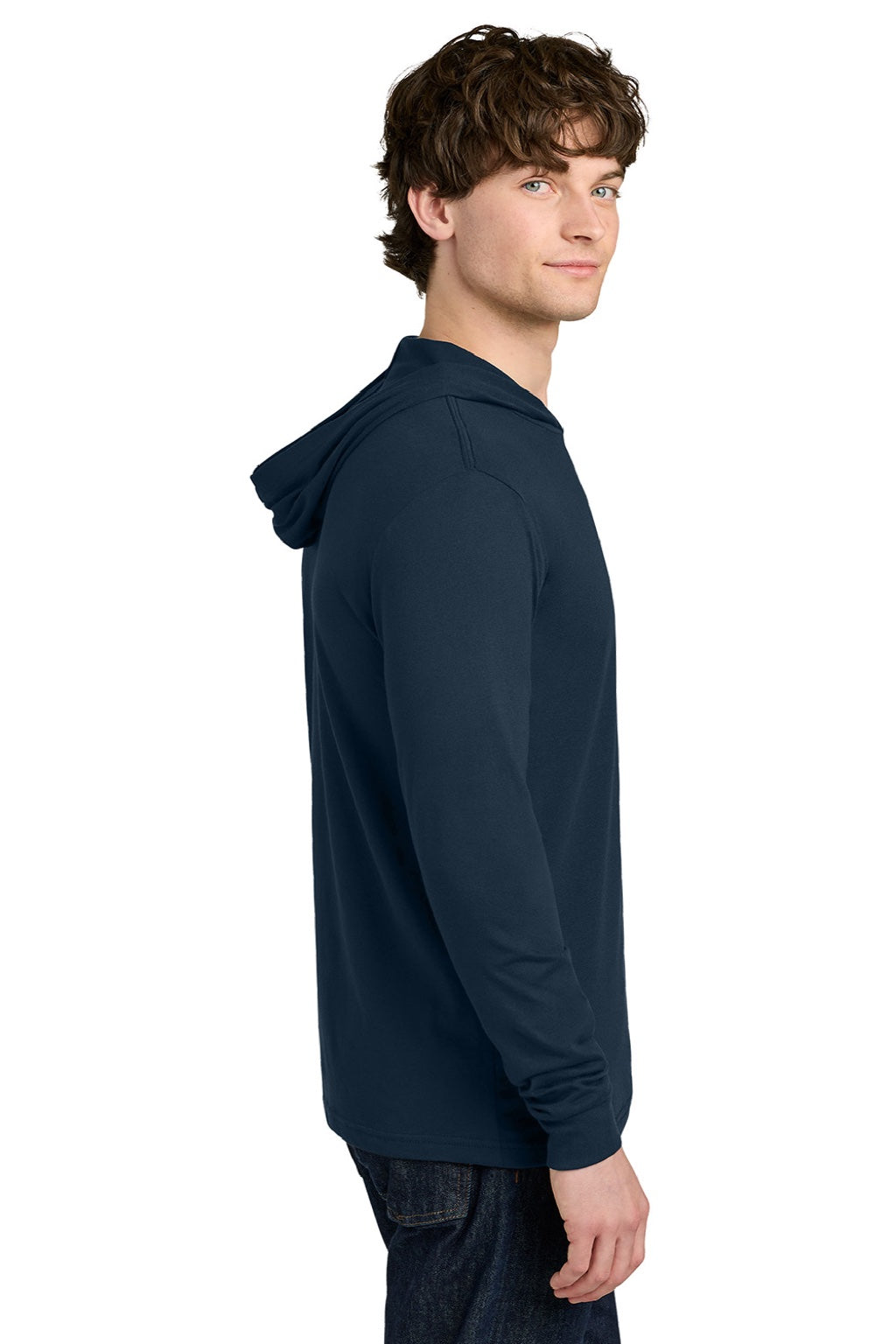 Next Level NL6221 Mens CVC Long Sleeve Hooded T-Shirt Hoodie Midnight Navy Blue Model Side