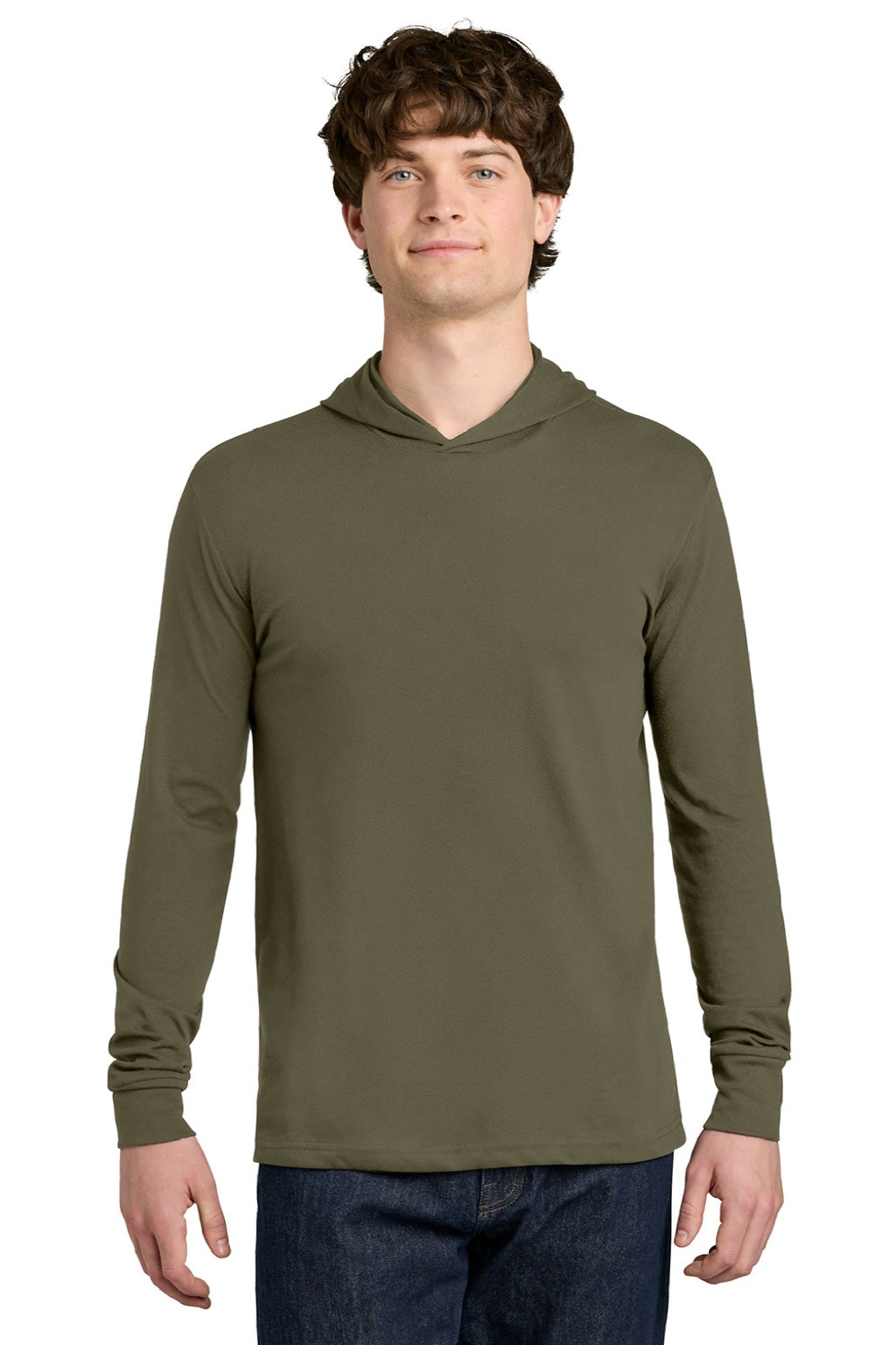 Next Level NL6221 Mens CVC Long Sleeve Hooded T-Shirt Hoodie Military Green Model Front
