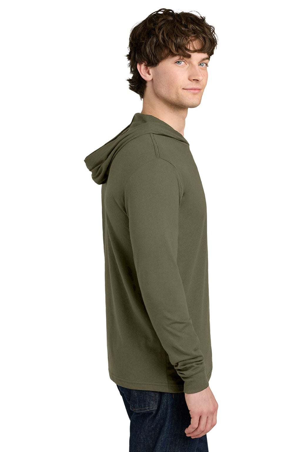 Next Level NL6221 Mens CVC Long Sleeve Hooded T-Shirt Hoodie Military Green Model Side