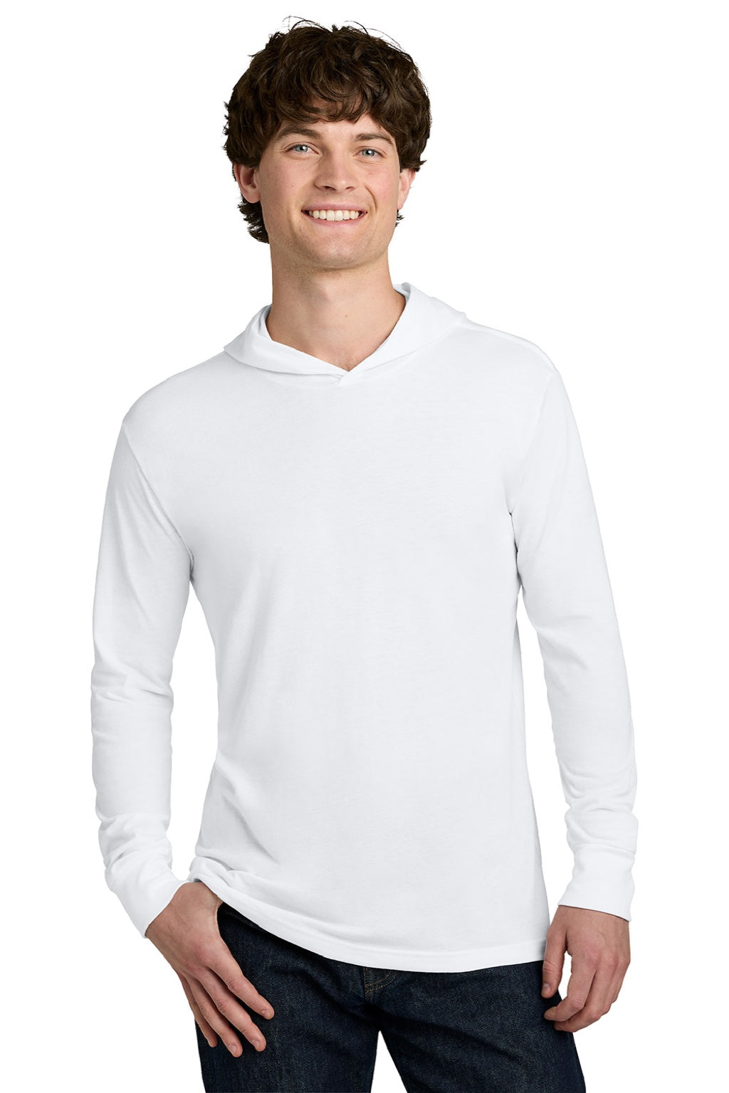 Next Level NL6221 Mens CVC Long Sleeve Hooded T-Shirt Hoodie White Model Front