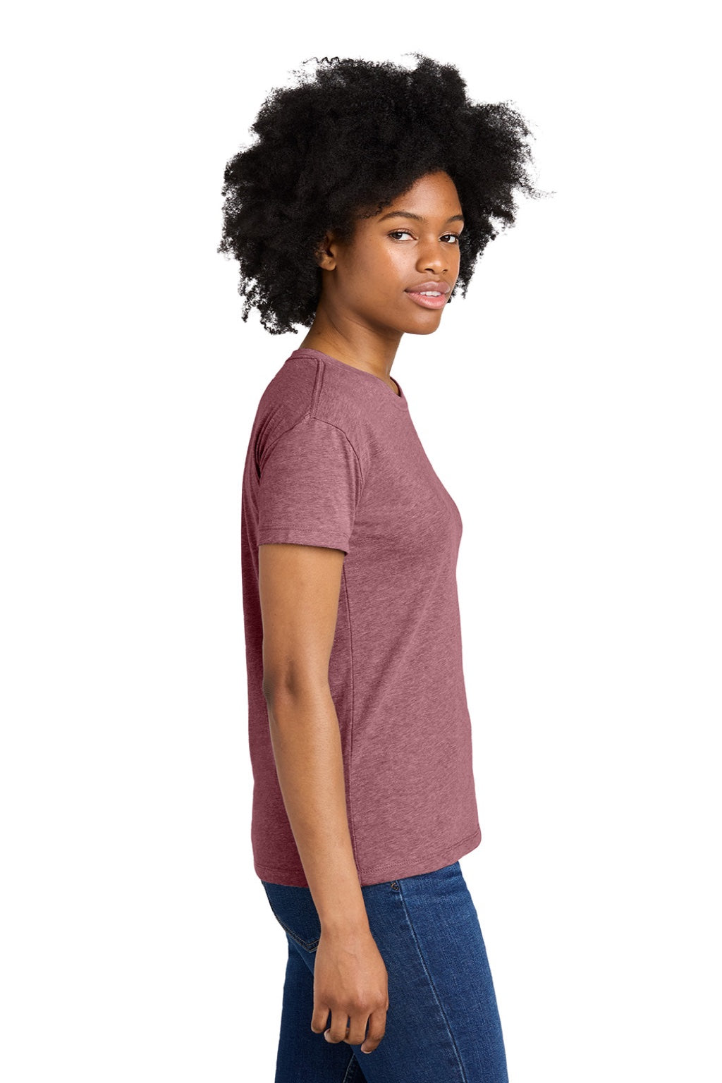 Next Level 6600 Womens Relaxed CVC Short Sleeve Crewneck T-Shirt Heather Mauve Model Side
