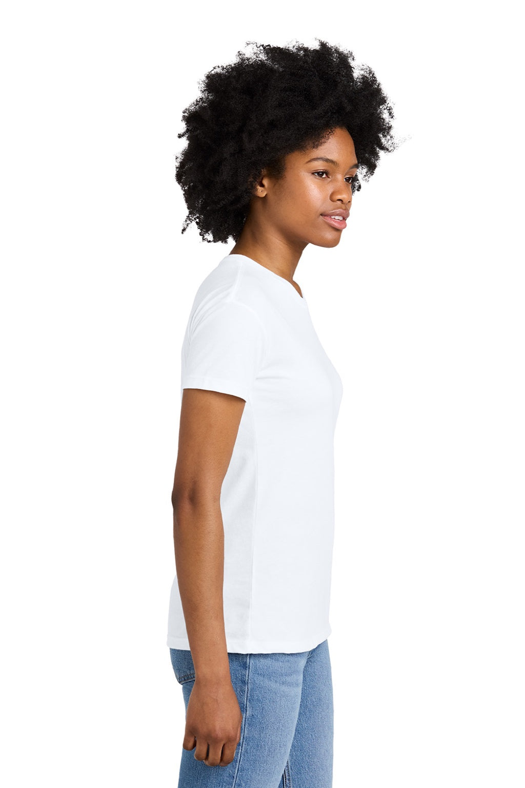 Next Level 6600 Womens Relaxed CVC Short Sleeve Crewneck T-Shirt White Model Side