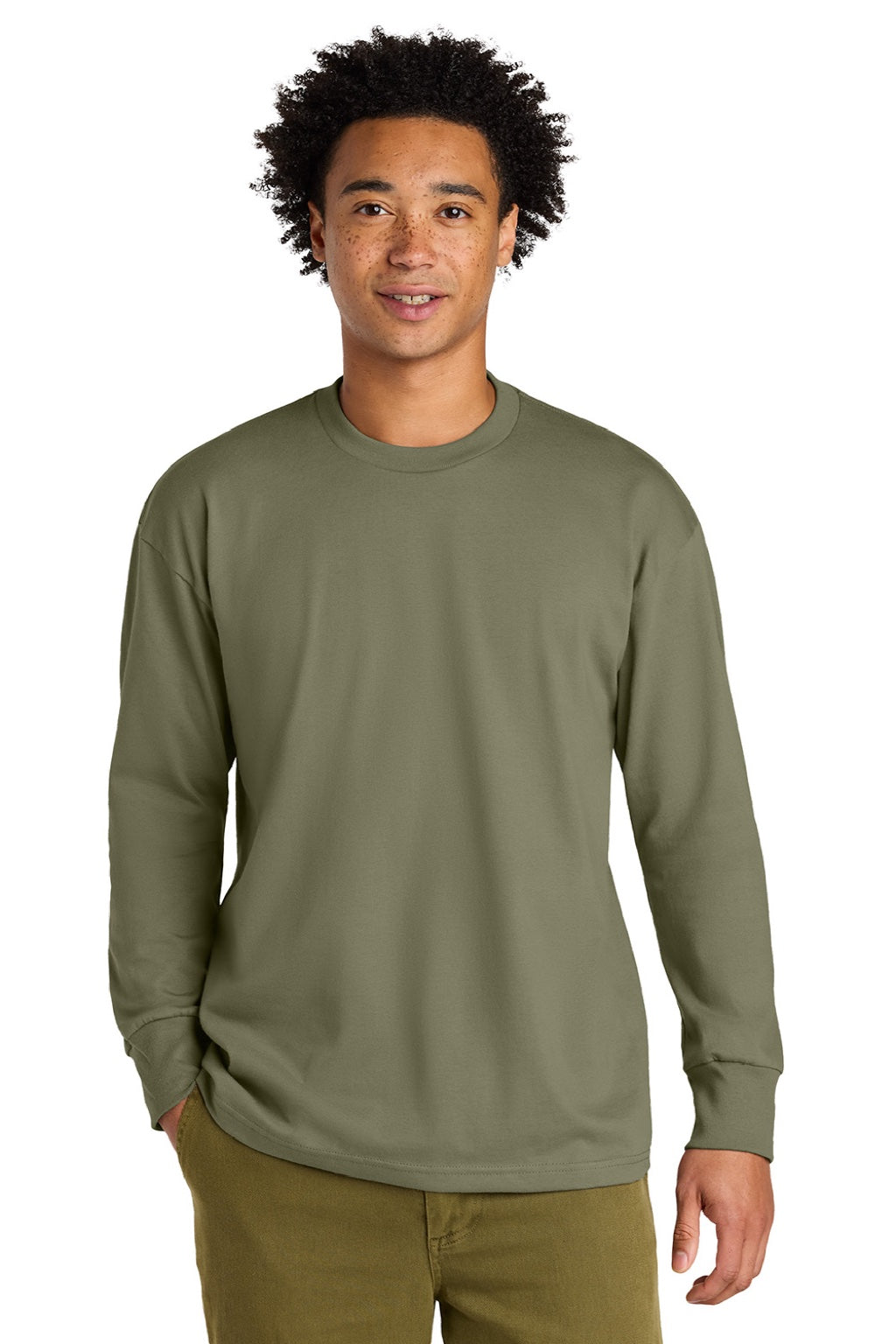 Next Level NL7211 Mens Long Sleeve Crewneck T-Shirt Light Olive Green Model Front