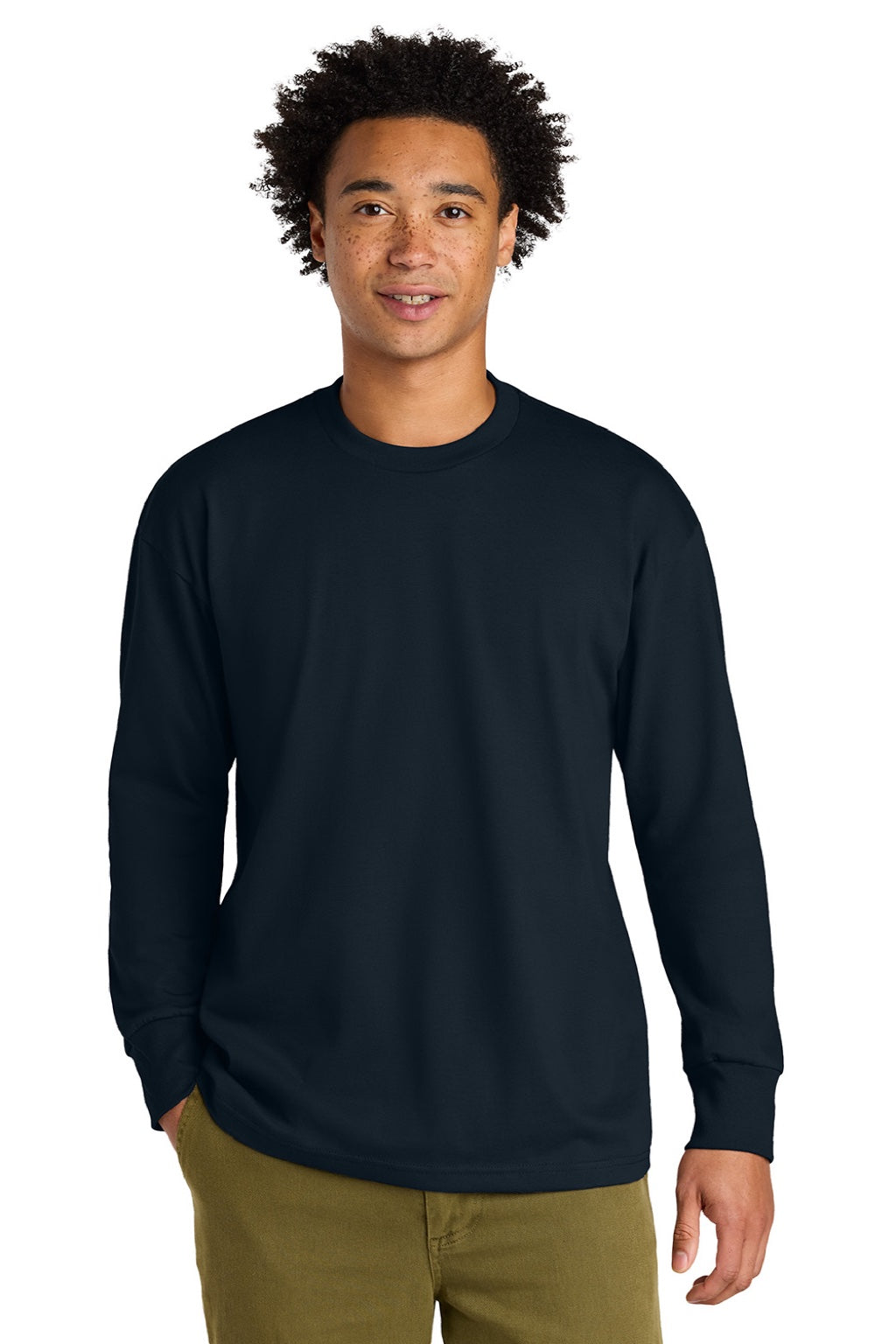 Next Level NL7211 Mens Long Sleeve Crewneck T-Shirt Midnight Navy Blue Model Front