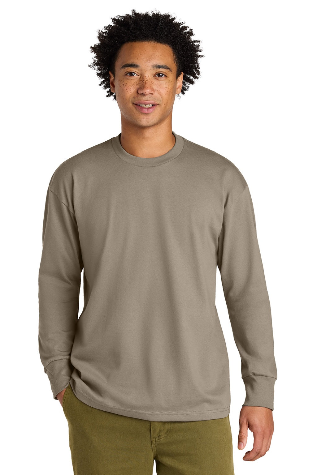 Next Level NL7211 Mens Long Sleeve Crewneck T-Shirt Tan Model Front