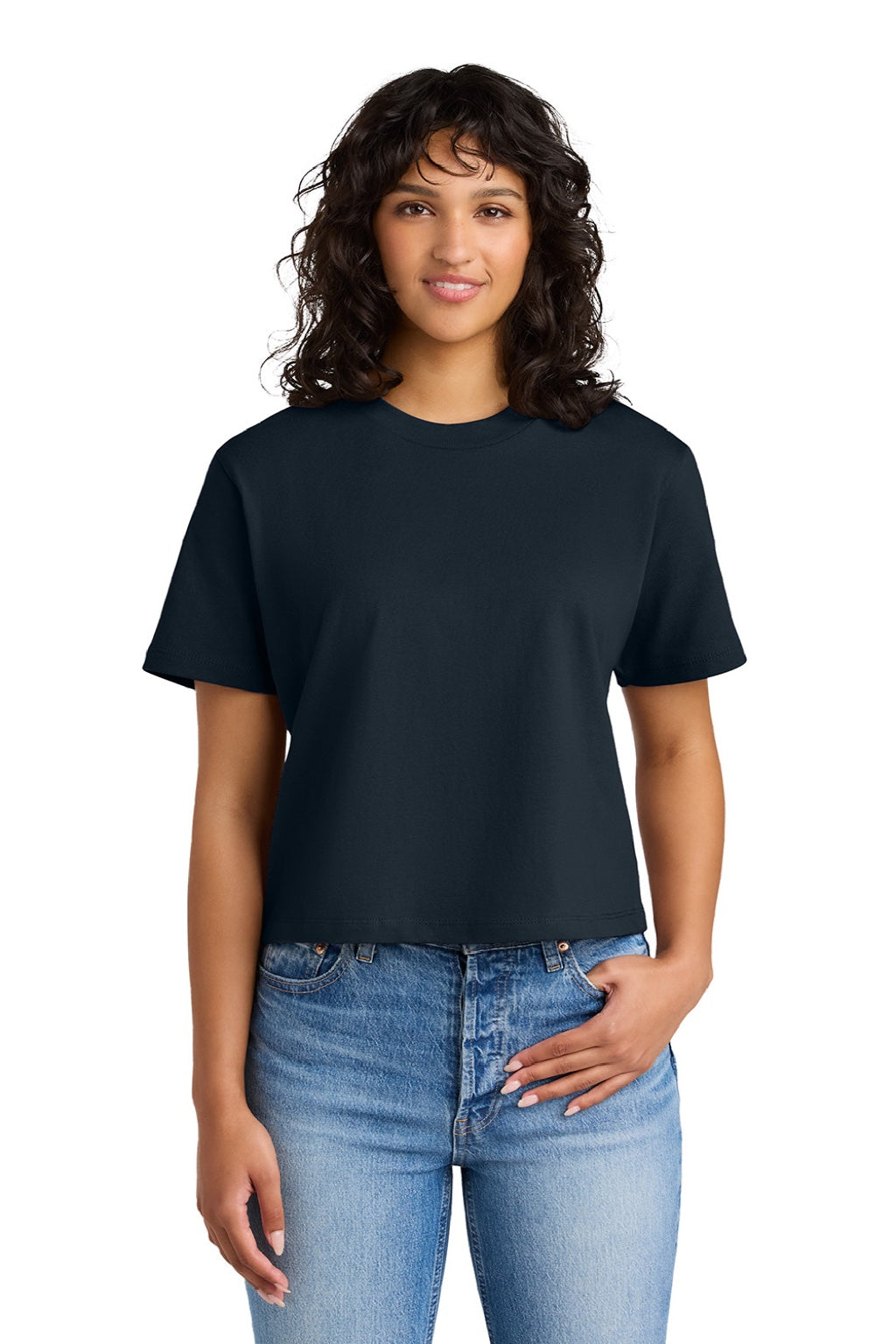 Next Level NL7610 Womens Boxy Short Sleeve Crewneck T-Shirt Midnight Navy Blue Model Front